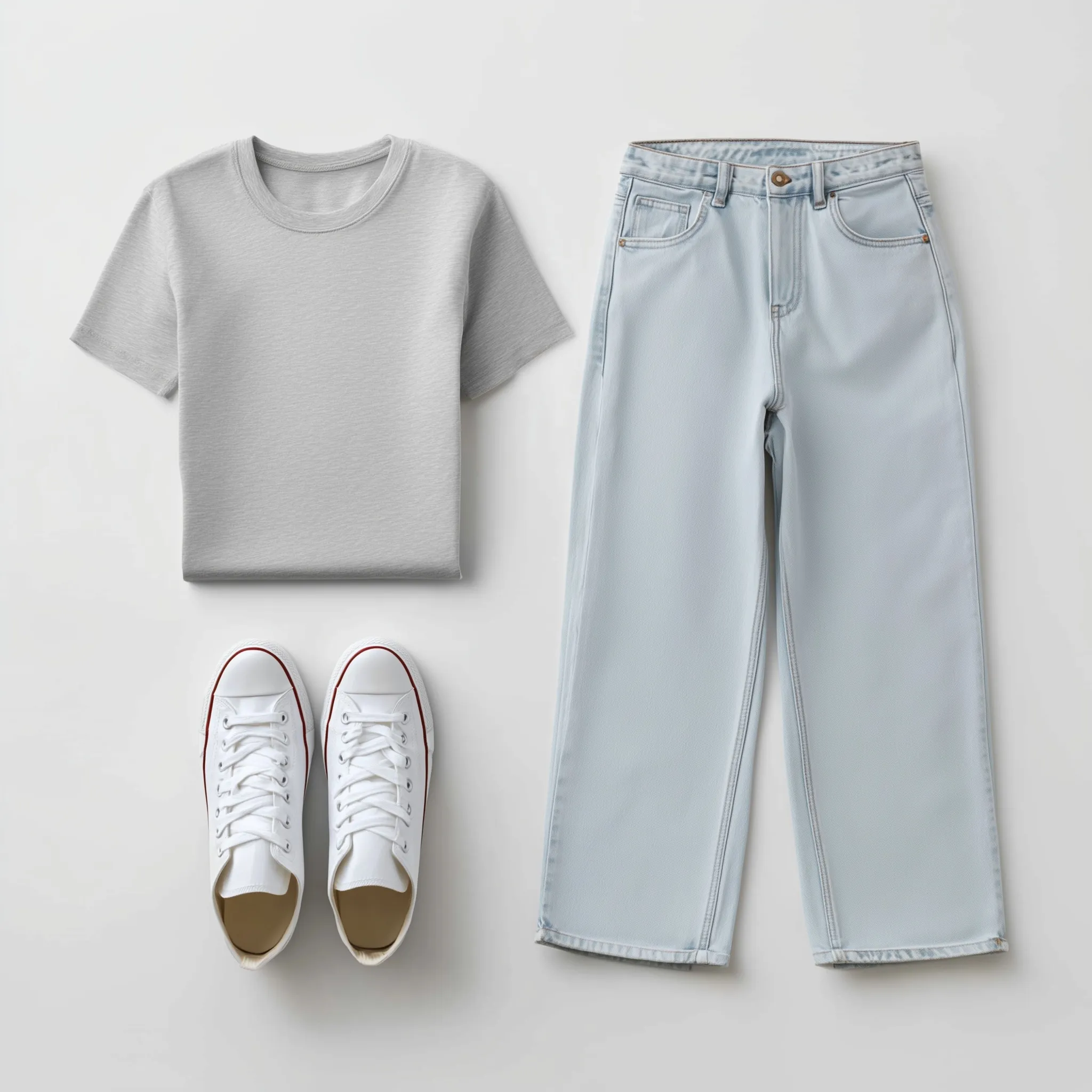 Flat lay of a minimalist capsule wardrobe outfit with a gray t-shirt, blue palazzo jeans, and white sneakers.