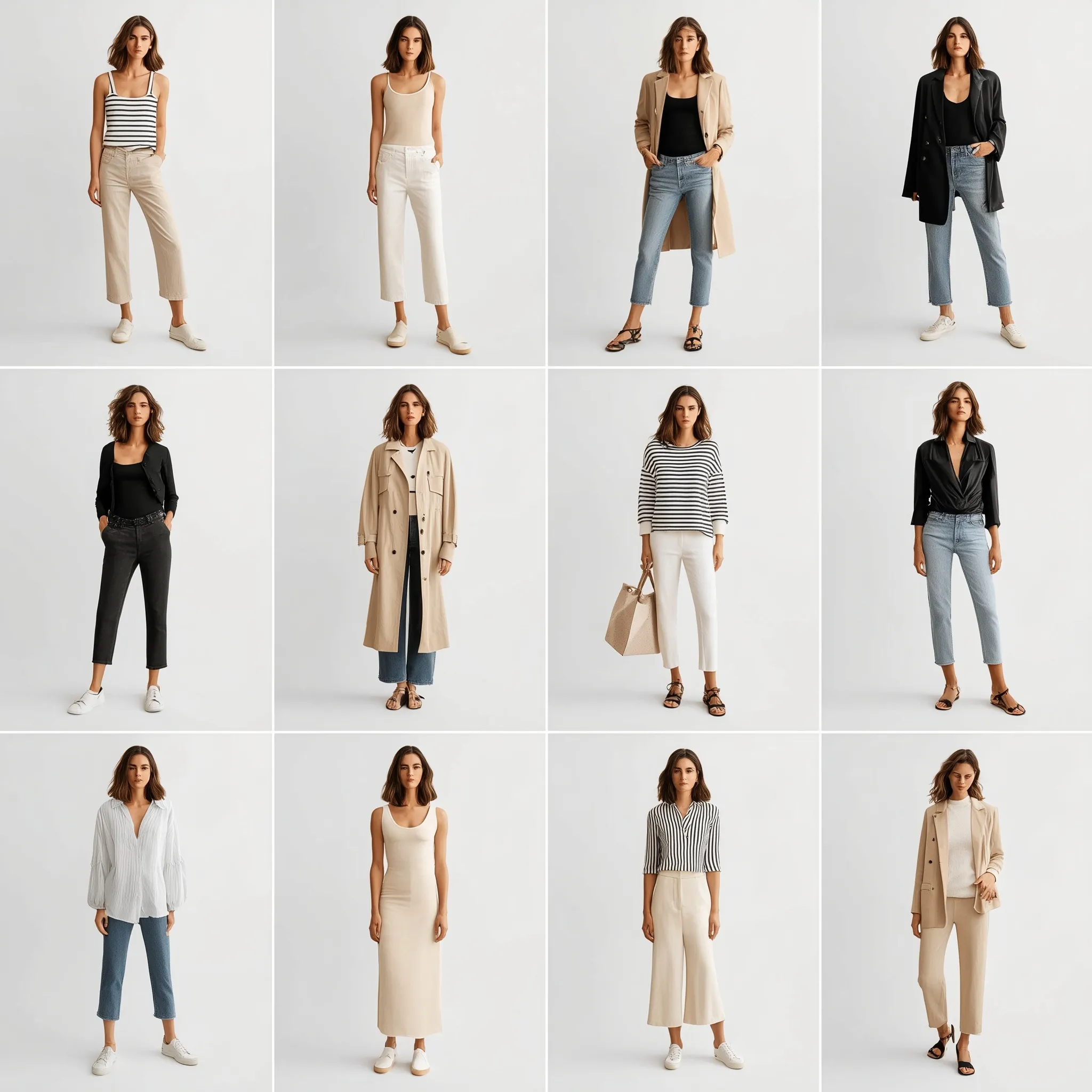 A model showcasing a neutral capsule wardrobe in a stylish full-body outfit grid with varied clothing and accessories.