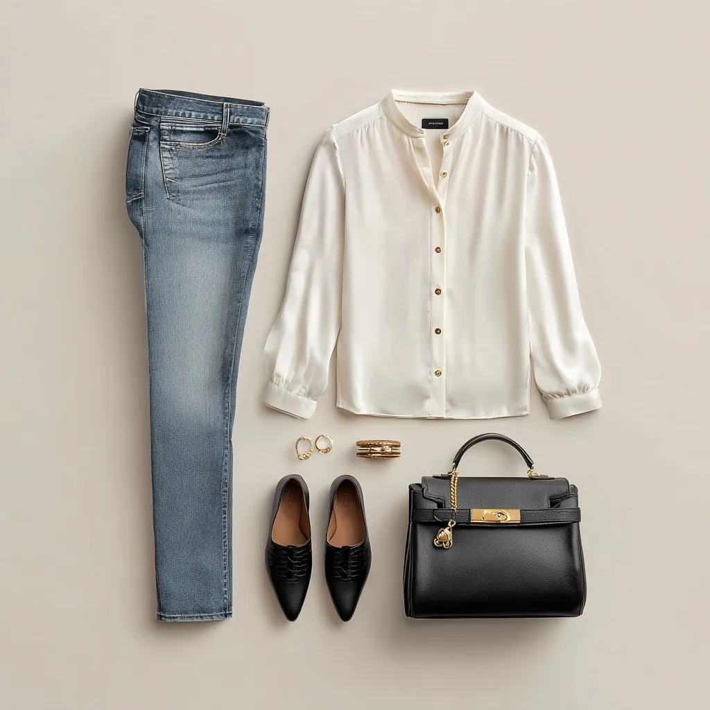 Flat lay of a capsule wardrobe with cotton jeans, silk blouse, black leather bag, and gold accessories on white.