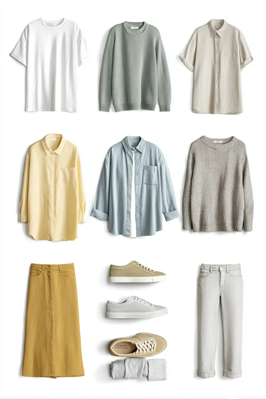 Scandinavian capsule wardrobe collection with linen, cotton, and knit clothing in neutral tones on white background.