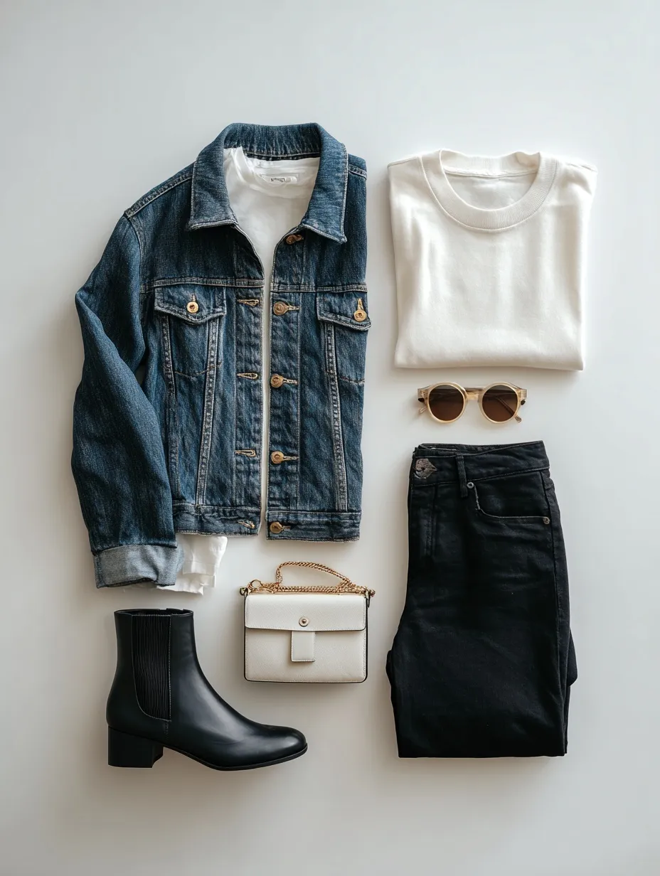 Flat lay of a women’s capsule wardrobe with denim jacket, white t-shirt, black pants, and accessories on white.