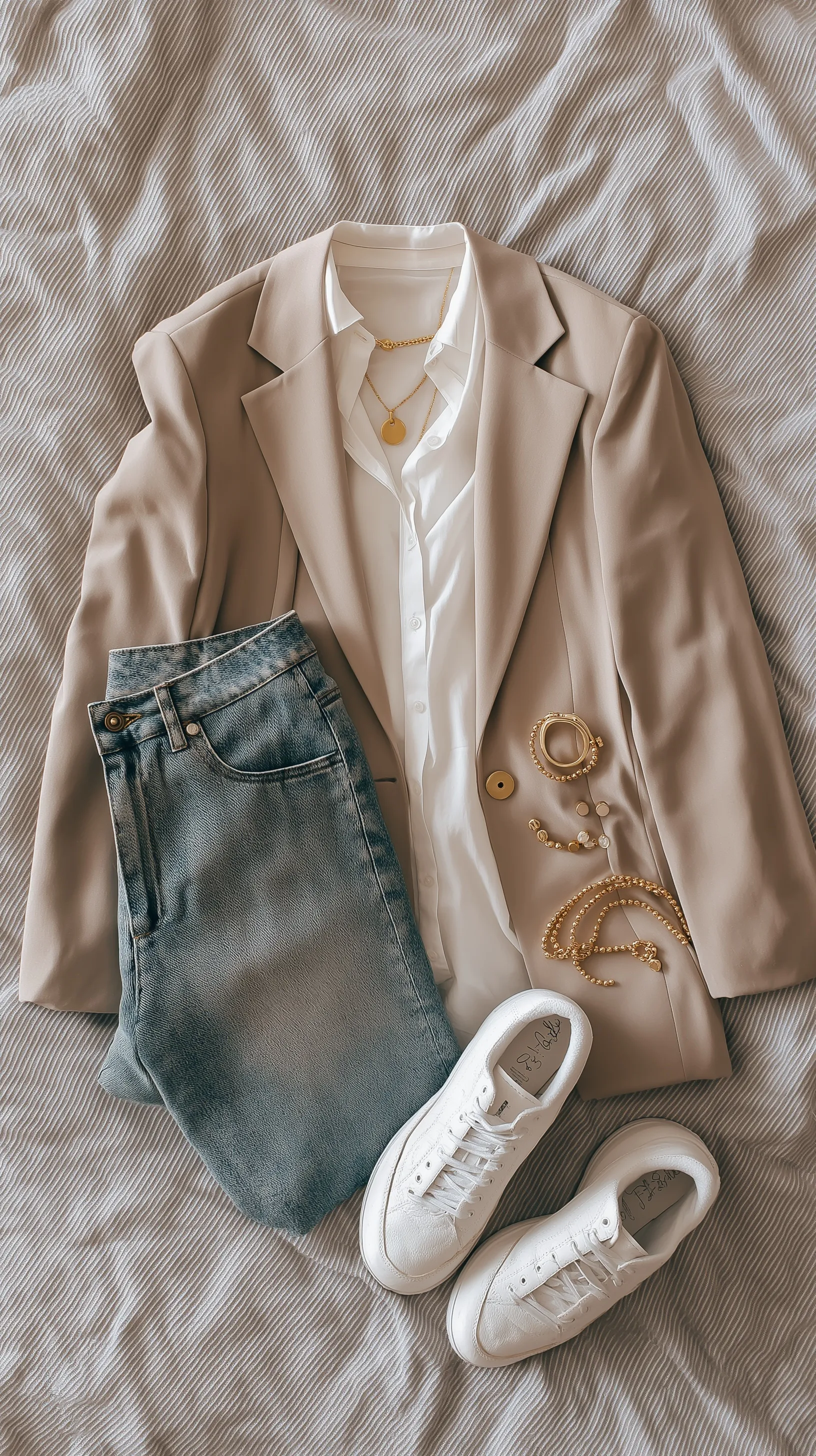 Flatlay of a capsule wardrobe outfit with a beige blazer, white blouse, jeans, and gold accessories on a bed.