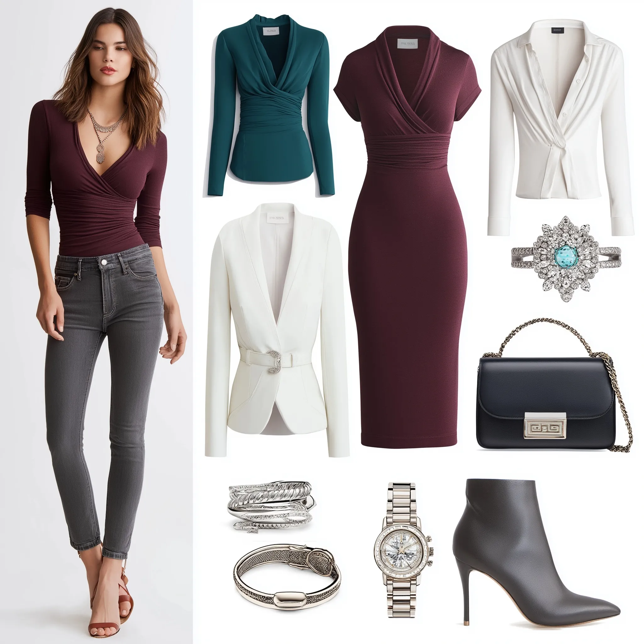 Capsule wardrobe mood board featuring outfits for a petite hourglass figure in autumn and cool color palettes.