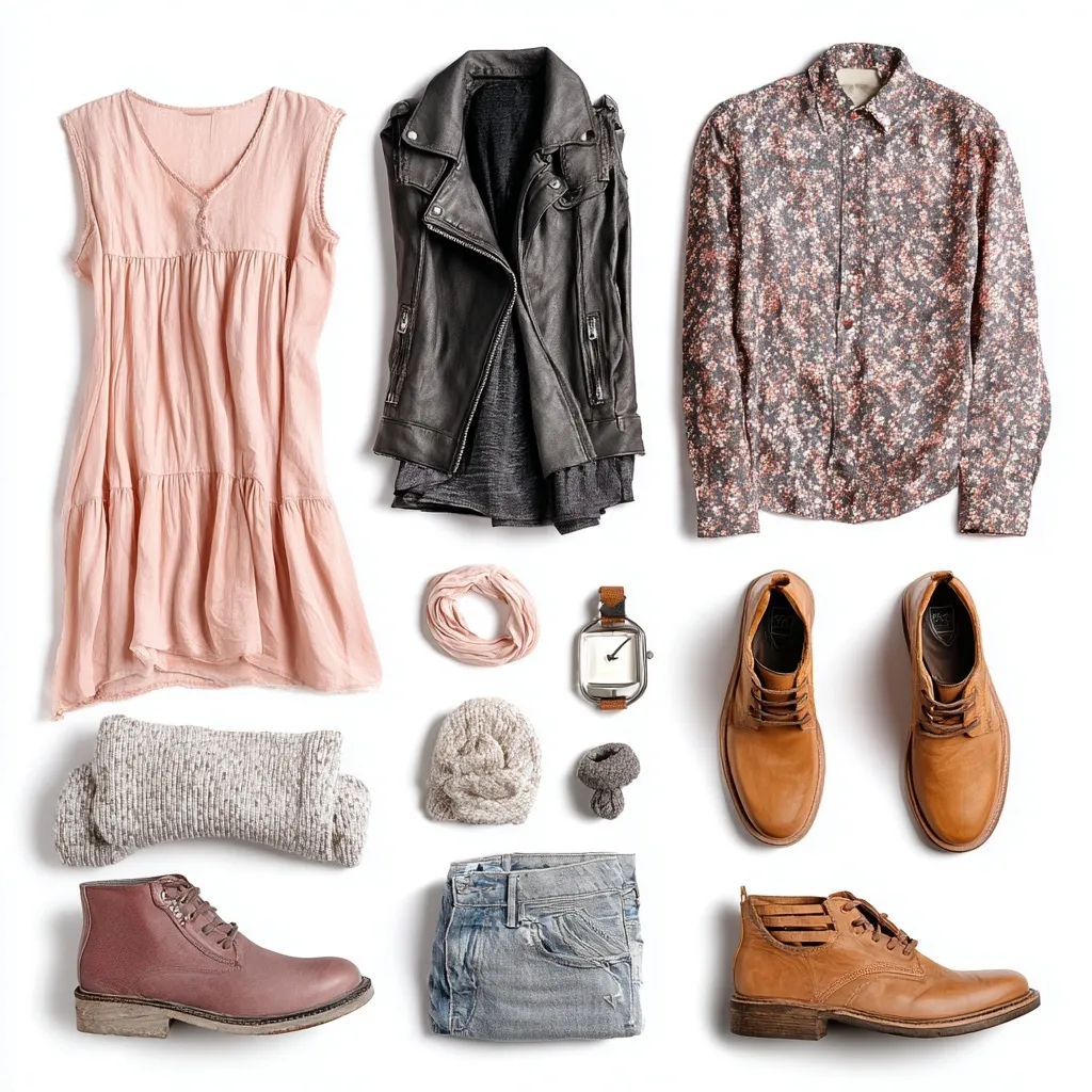 Urban romantic capsule wardrobe clothing items arranged on a white background for fashion styling.