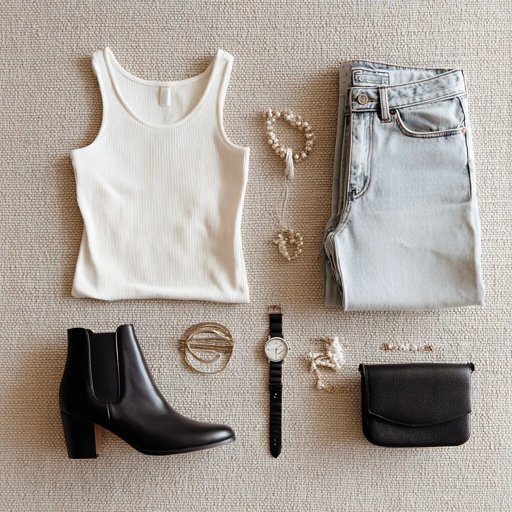 Flatlay of a capsule wardrobe outfit with a white tank, fitted jeans, ankle boots, and accessories on neutral linen.