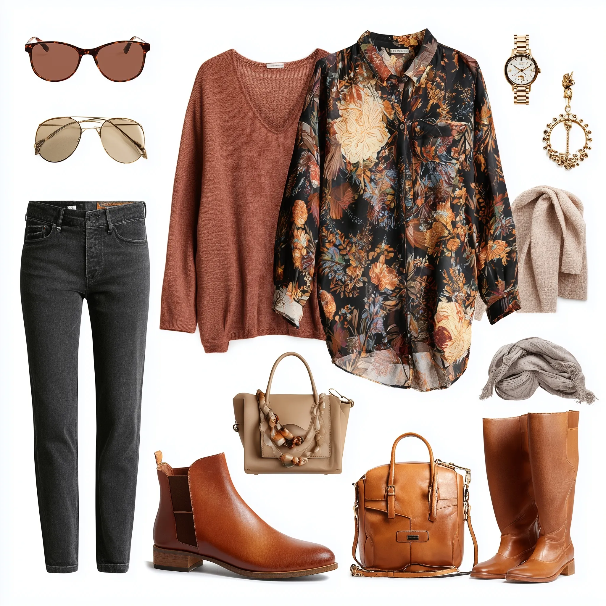 Stylish woman wearing a versatile autumn capsule wardrobe outfit with layered clothing for fall fashion.