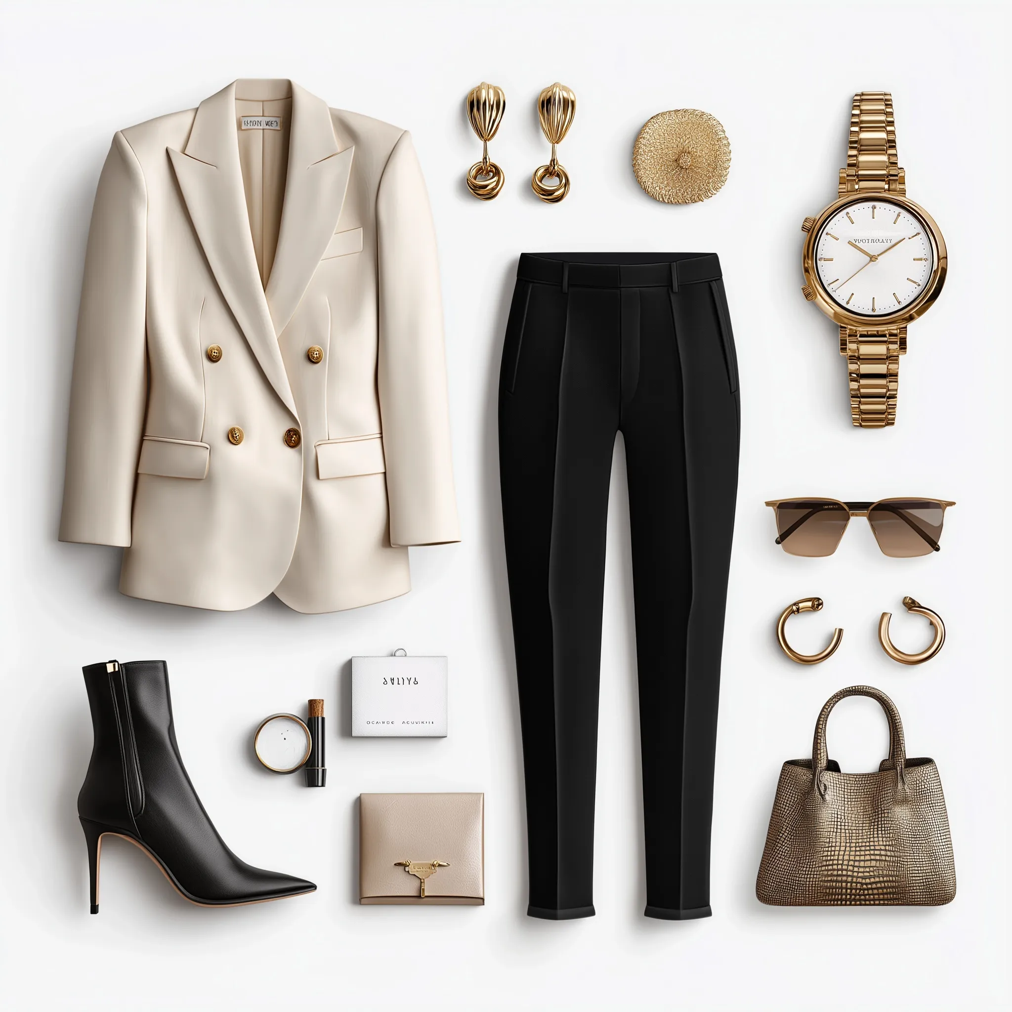 A modern chic woman’s capsule wardrobe outfit featuring a beige blazer and black pants on a minimalist white background.