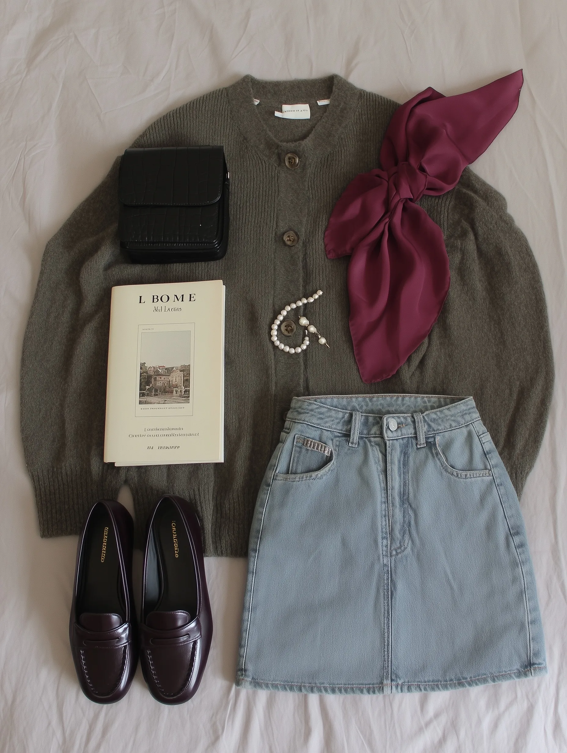 Flat lay of a capsule wardrobe outfit with a fuchsia silk scarf, grey cardigan, denim skirt, and black Mary Janes.