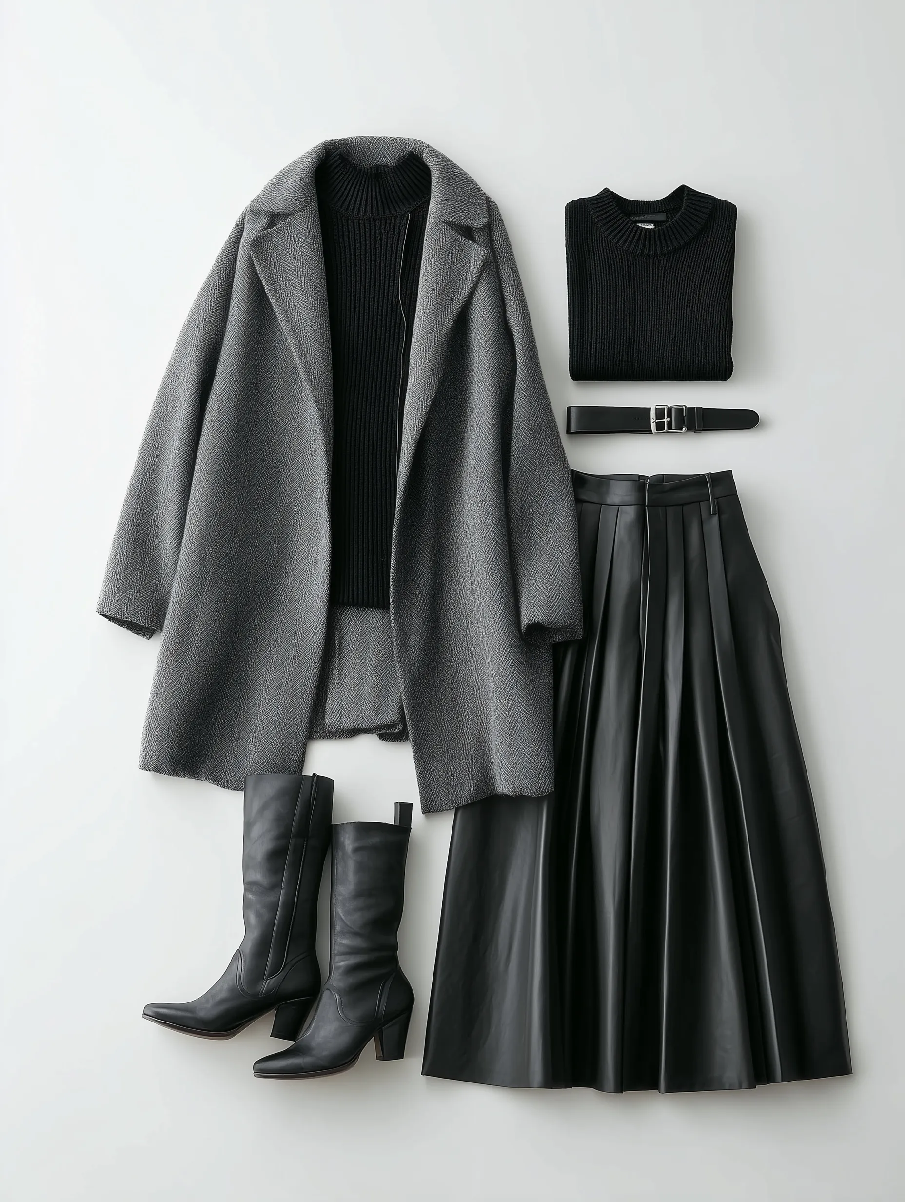 Modern winter Hanbok-inspired capsule wardrobe flat lay with a heather grey wool coat, black skirt, and boots.