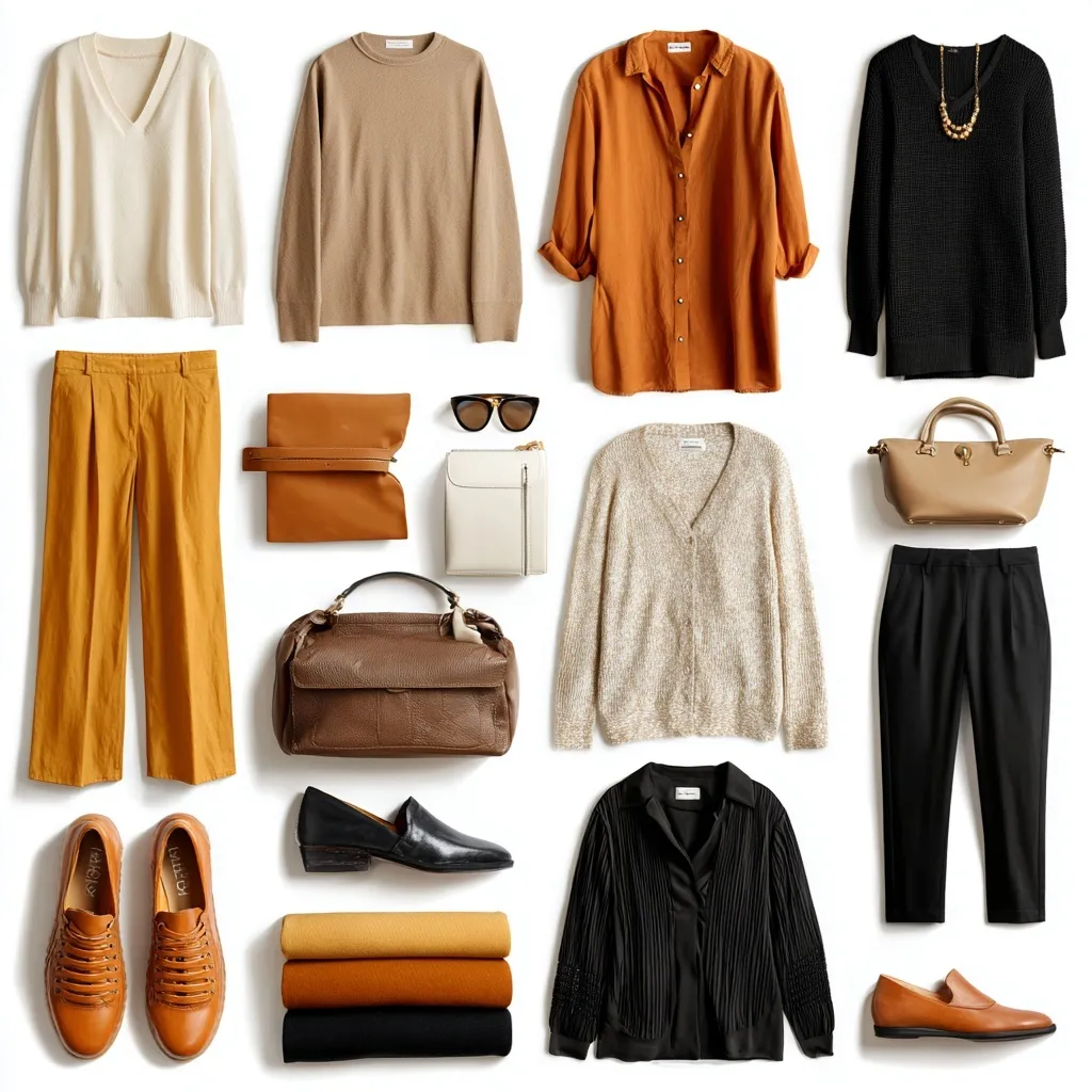 Capsule wardrobe outfit for women over 40 featuring casual clothing in beige, orange, ochre, brown, and black.