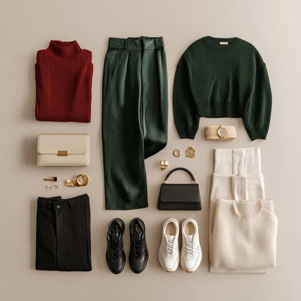 Flat lay of trendy Black family capsule wardrobe outfits for Christmas in pine green, red, and cream tones.
