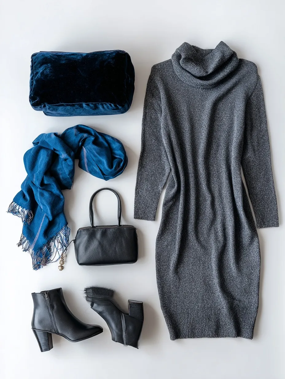 Flat lay of a capsule wardrobe outfit with a gray knit dress, blue scarf, black boots, and bag on a white background.