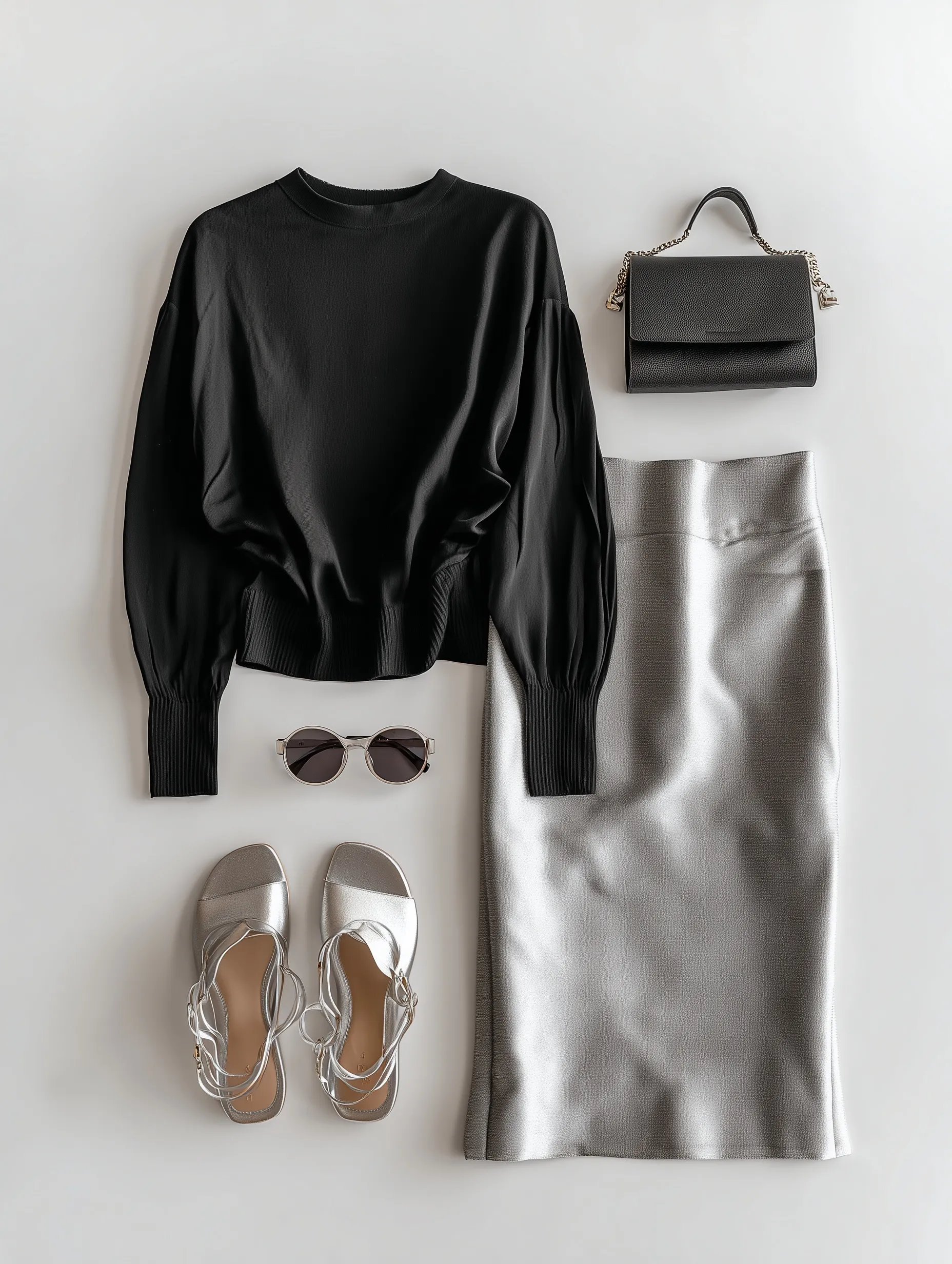 Flat lay of a women’s capsule wardrobe outfit with a silk blouse, black sweater, skirt, and accessories on white.