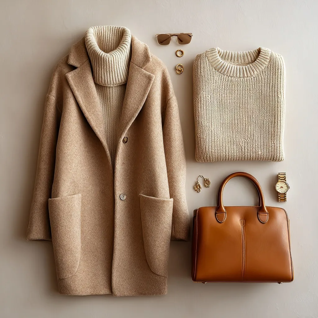 A luxury winter capsule wardrobe outfit featuring a camel wool coat, cream sweater, and gold jewelry on a neutral.