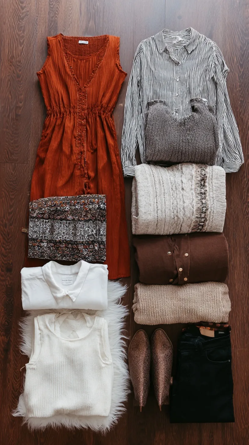 Flat lay of women’s extra small dresses and sweaters from Target arranged for a capsule wardrobe.