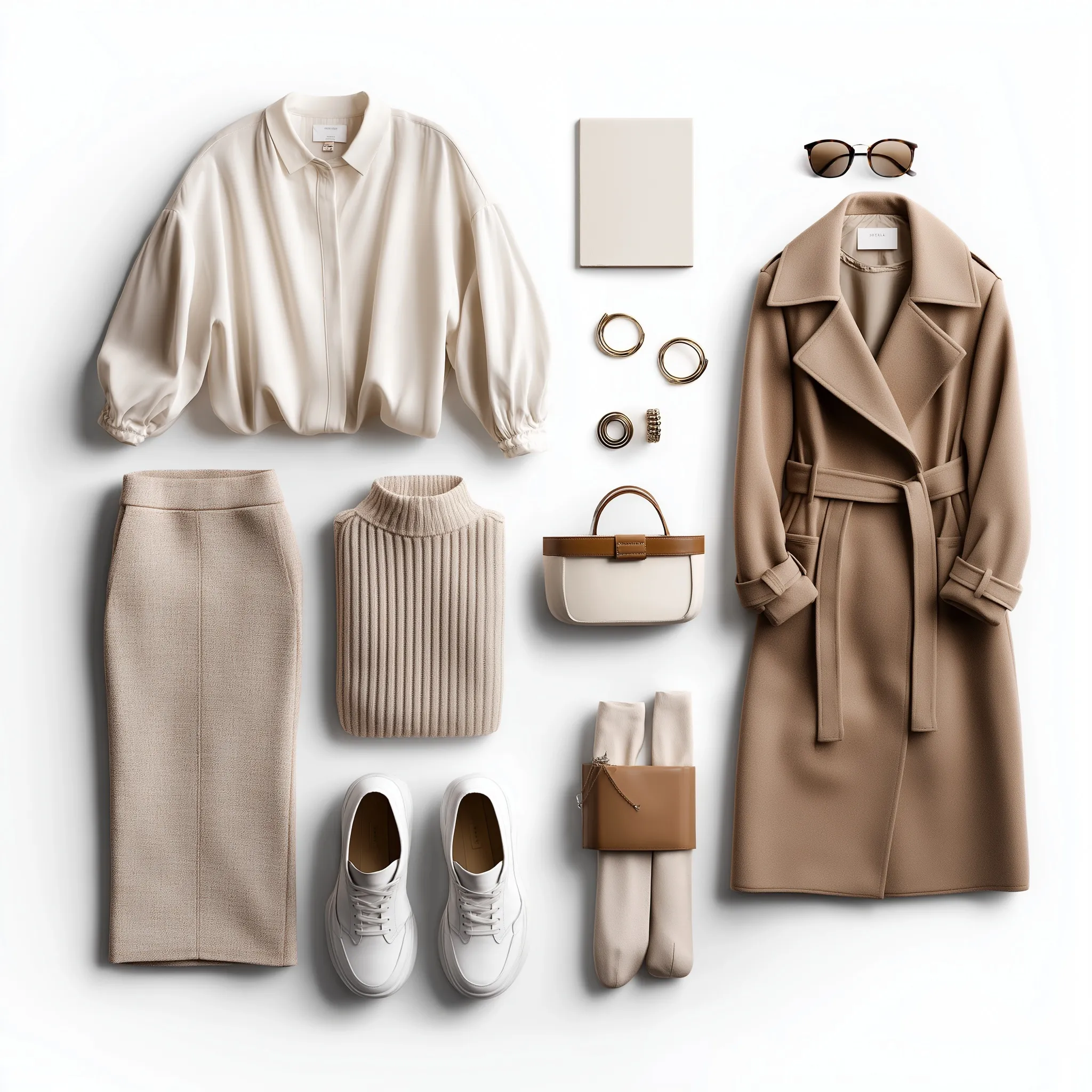 Flat-lay capsule wardrobe with neutral clothing, accessories, and shoes on a white background for minimalist style.