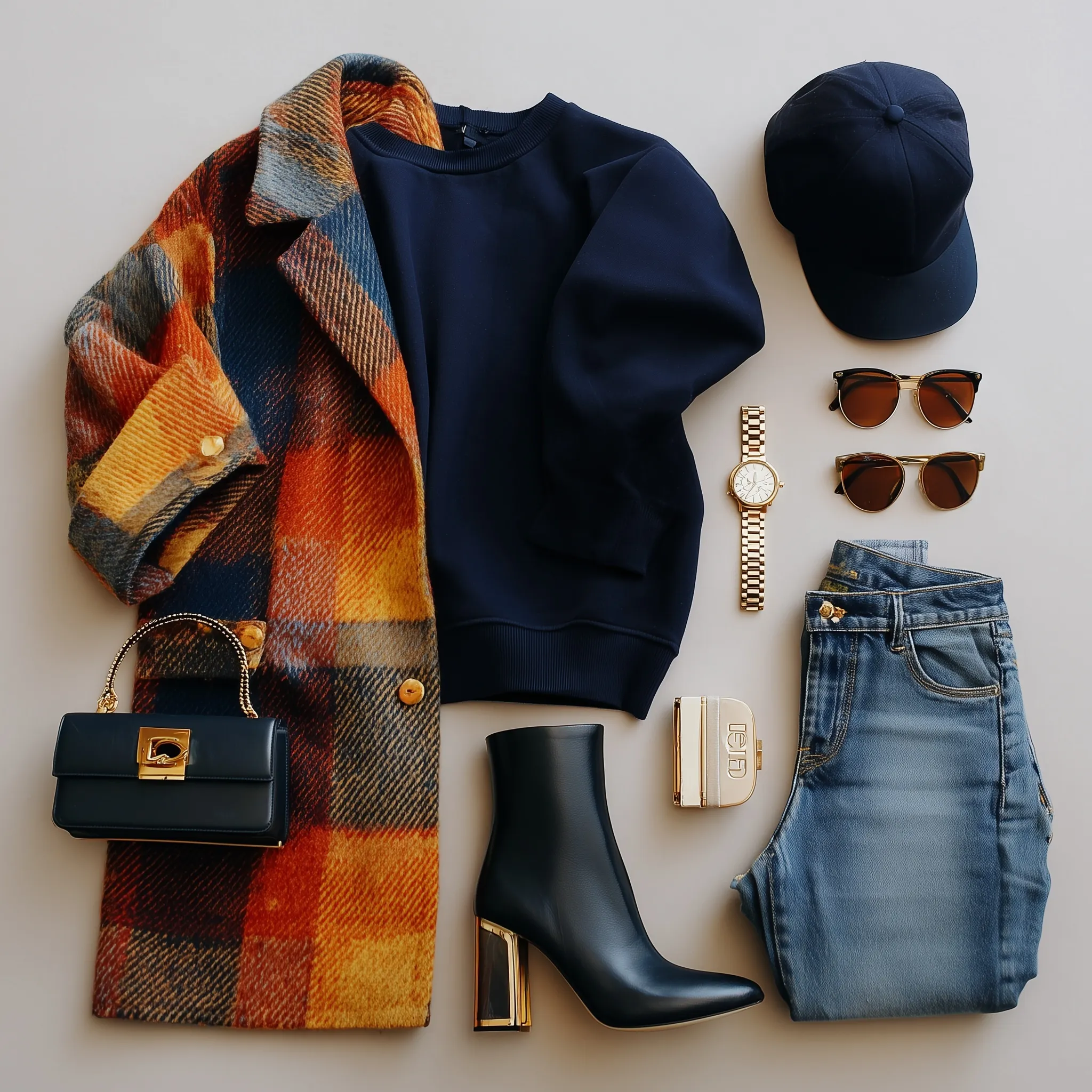 Flatlay of a classy capsule wardrobe outfit featuring a navy sweatshirt, colorful coat, jeans, and high-heel boots.