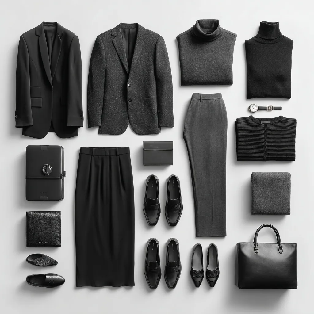Flat lay of a professional capsule wardrobe featuring black and charcoal business attire on a clean white background.