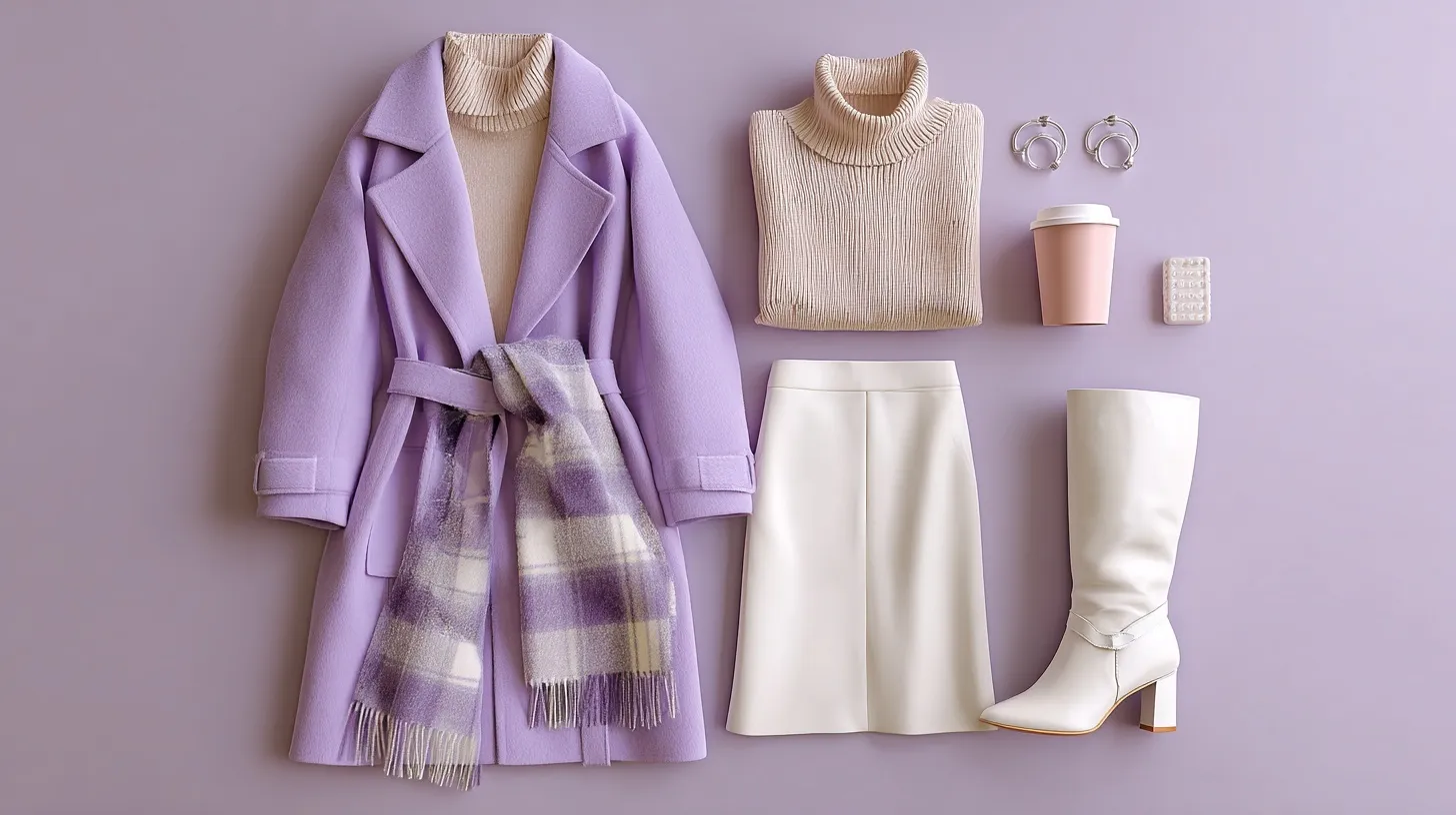 Flat lay of a spring capsule wardrobe outfit with a lavender wool coat, beige sweater, and white knee-high boots.