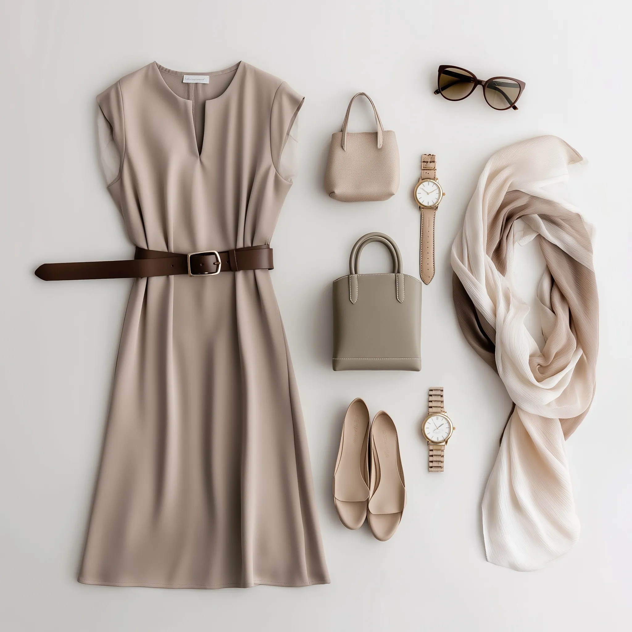 Flat lay of a minimalist capsule wardrobe outfit with a taupe midi dress, leather accessories, and beige sandals.
