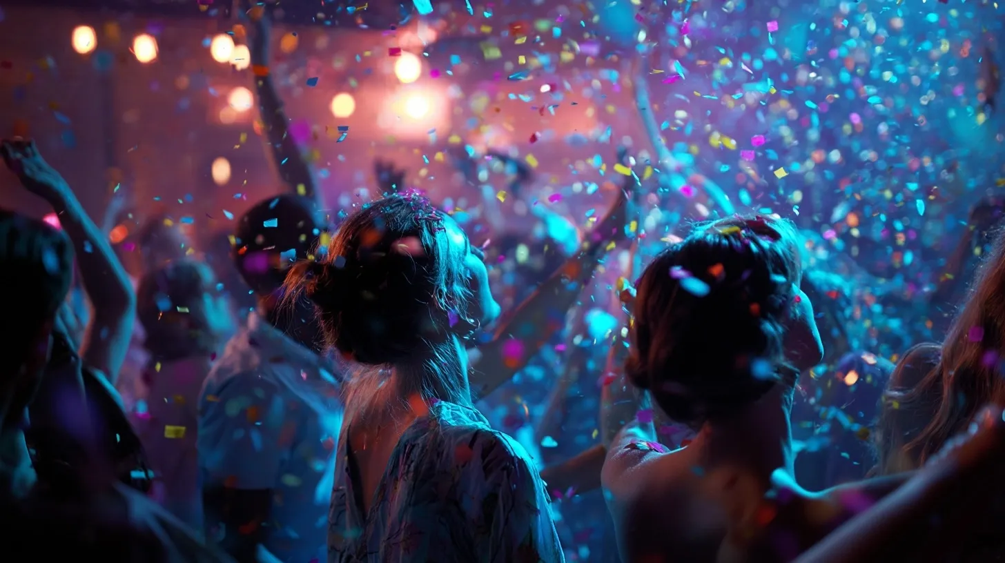A realistic photo of happy people celebrating at a party surrounded by vibrant neon confetti.