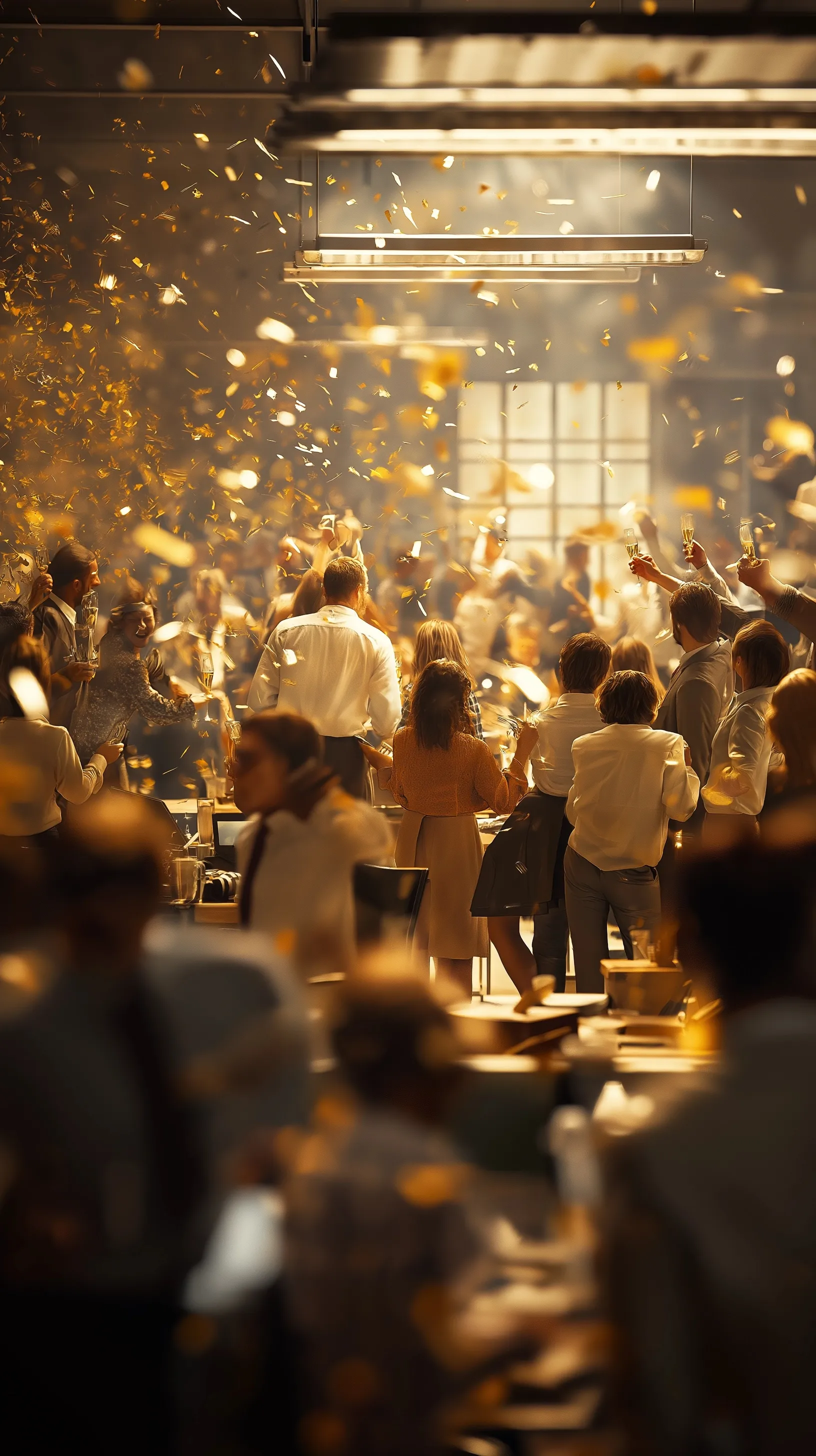 Office workers celebrating at a luxury corporate party with champagne and confetti in a high-end cinematic style.