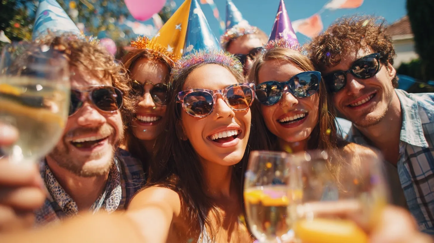 A group of friends wearing party hats raising sparkling juice glasses for a backyard celebration selfie.