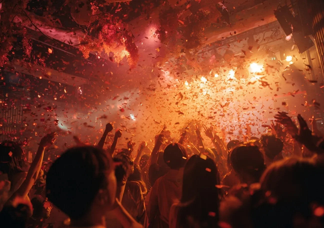 Energetic crowd dancing at a vibrant Latin-themed party in a Kyoto nightclub with colorful lights and confetti.