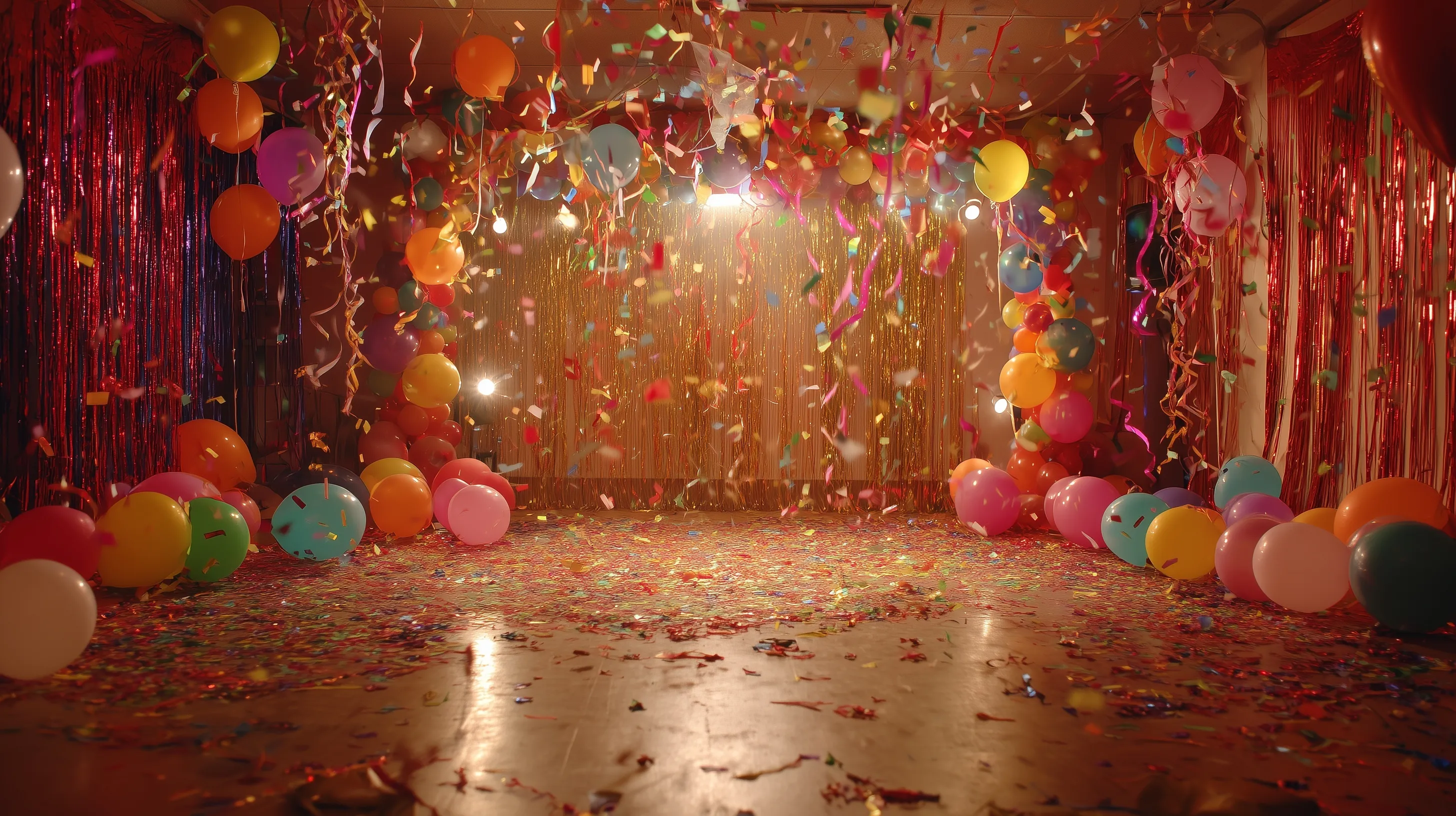 Festive American party background with colorful balloons, streamers, and confetti on a cinematic decorated stage.