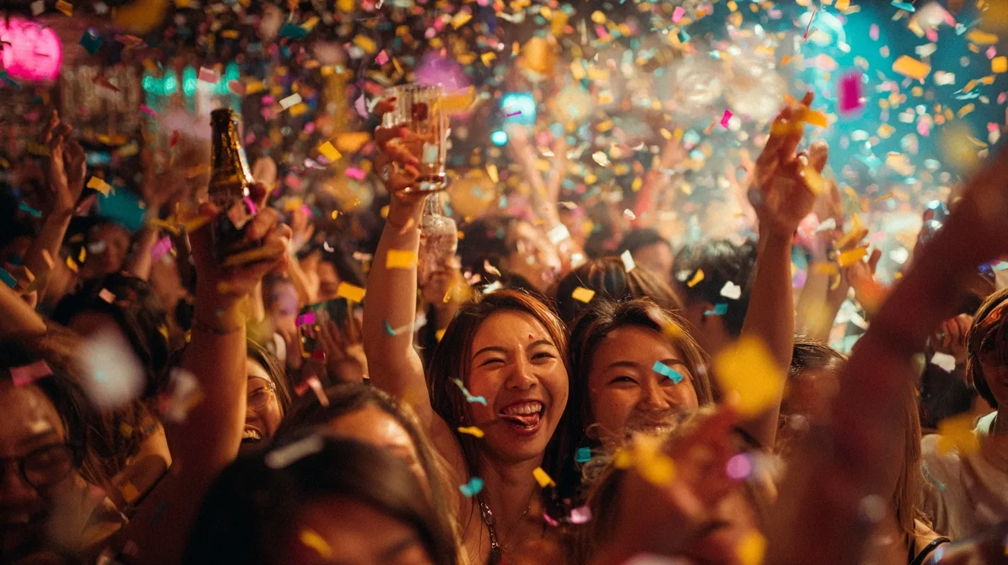 Diverse group of young Asian friends dancing and cheering with drinks at a vibrant indoor neon-lit party.