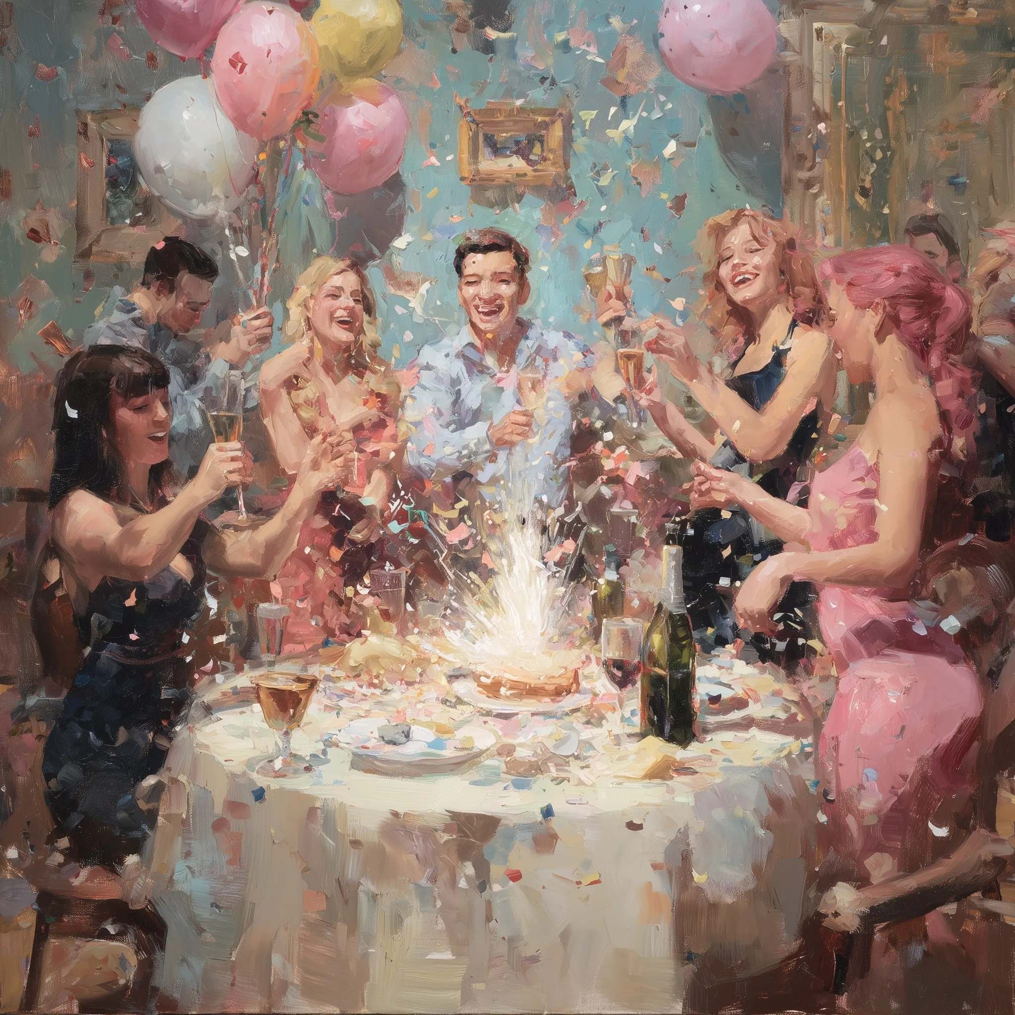 A joyful group of friends celebrating at a party with colorful confetti, balloons, and drinks in a festive atmosphere.