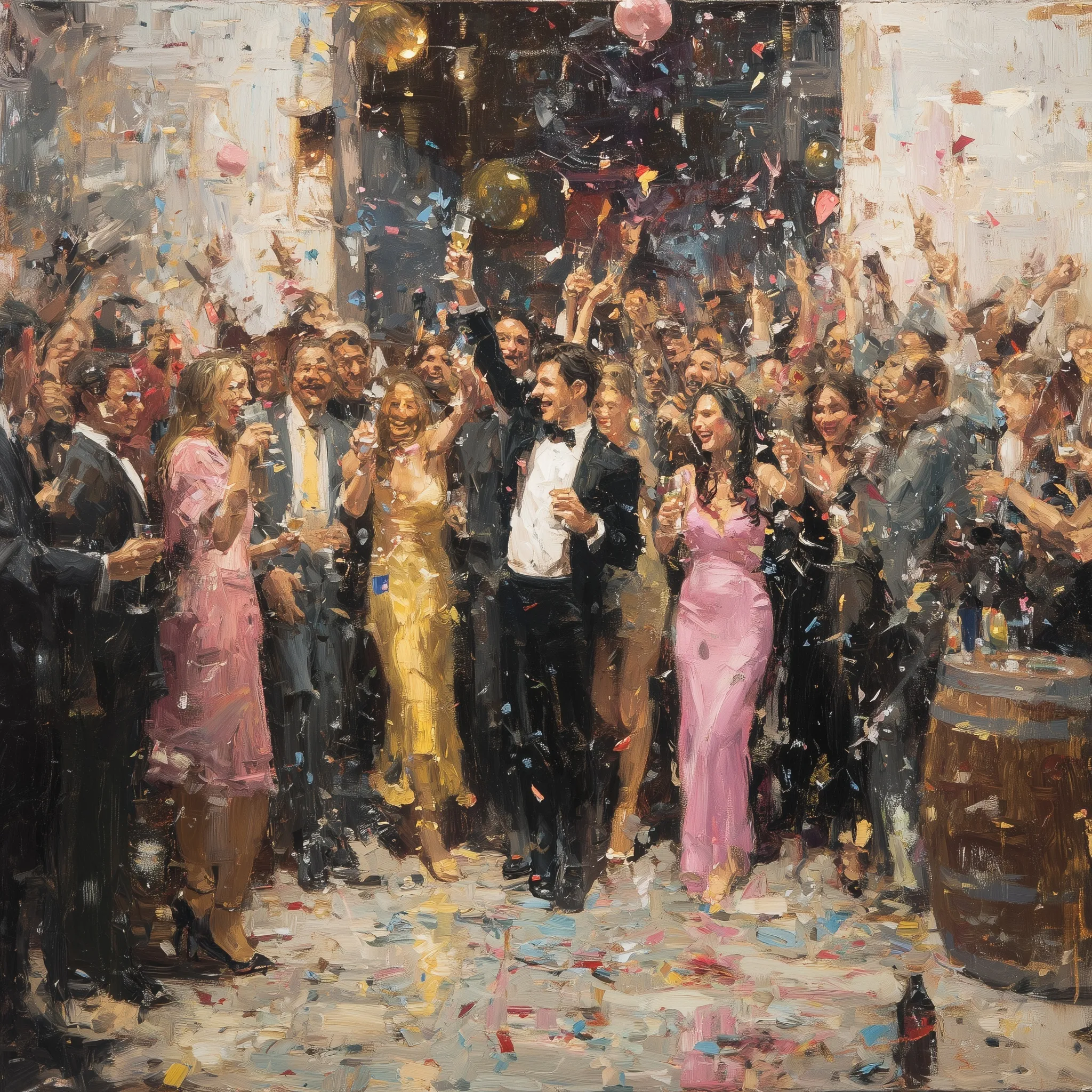 A joyful group of friends celebrating at a festive party with colorful decorations and confetti.