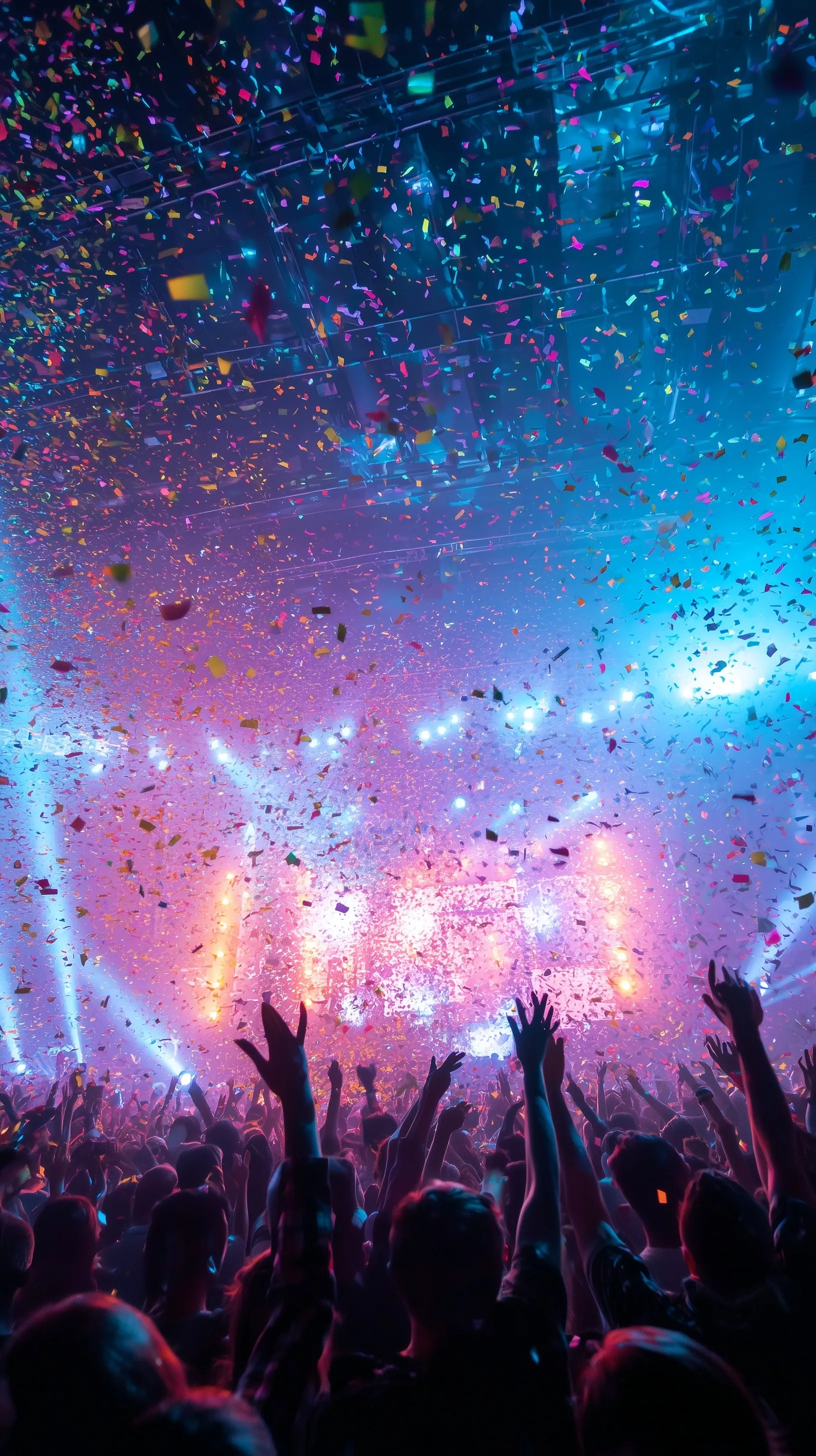 Crowd dancing energetically in a packed nightclub under colorful strobe lights, lasers, and falling confetti.