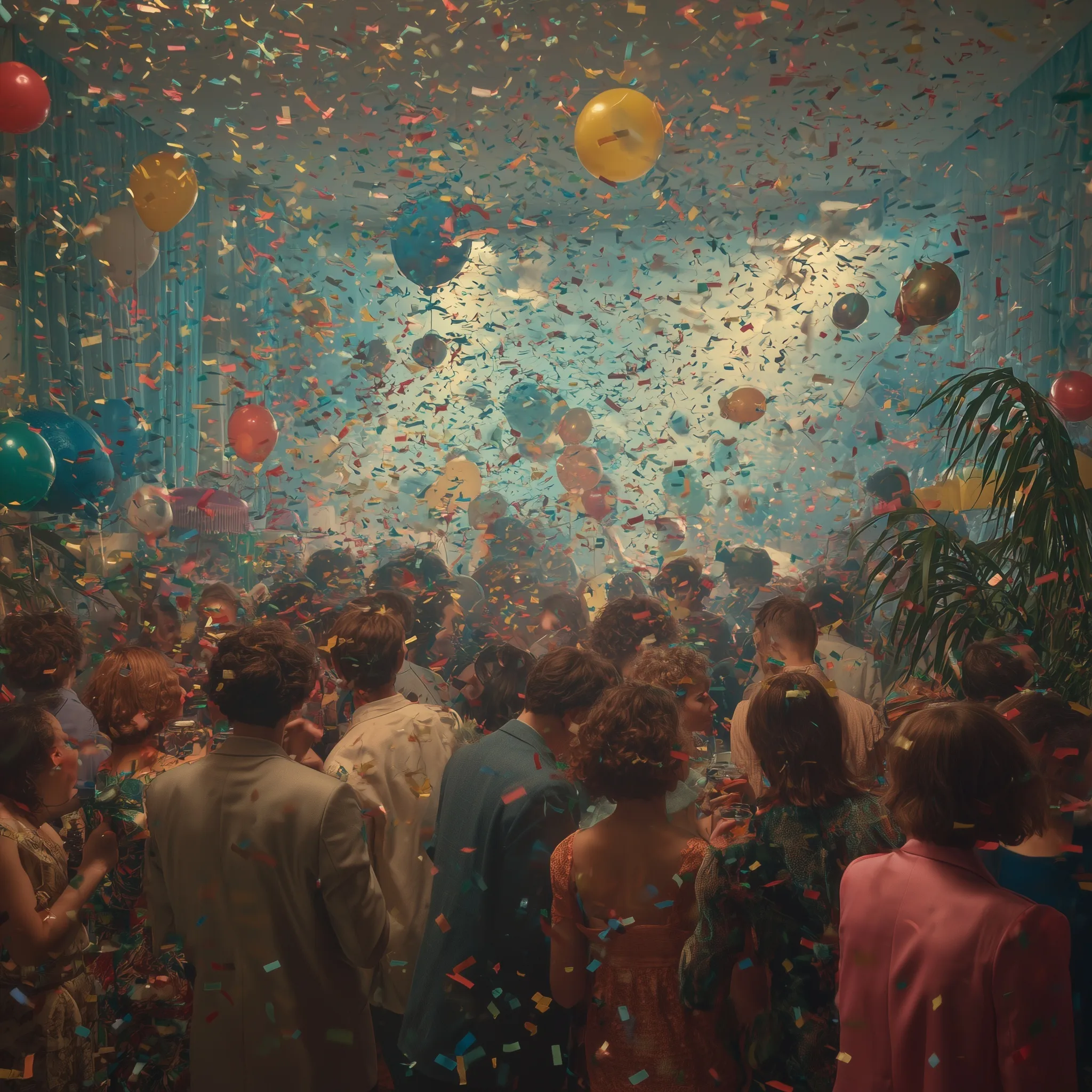 A vibrant indoor celebration party with colorful confetti, glowing lights, and joyful people cheering together.