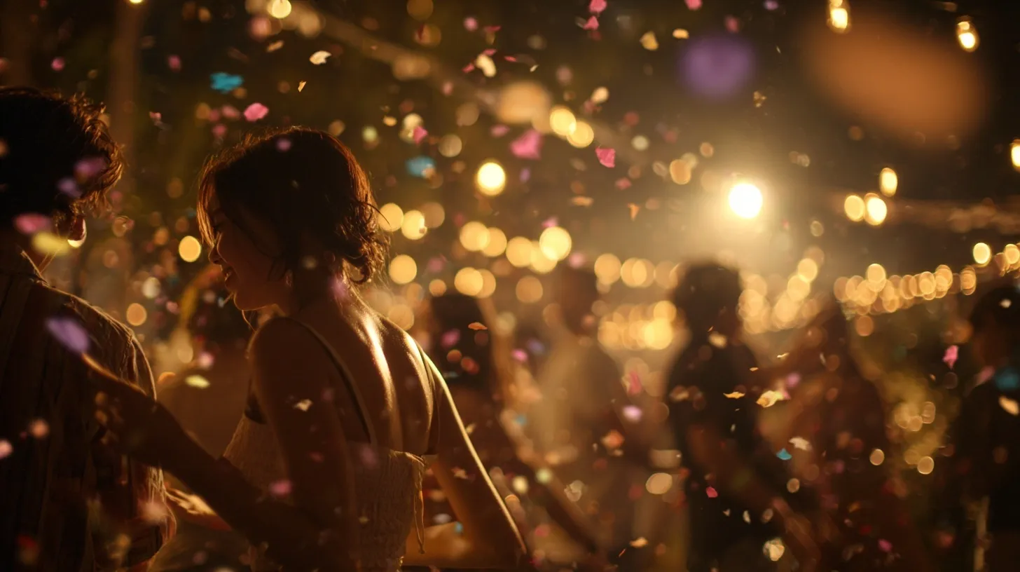 Silhouettes of people dancing at a romantic outdoor night party with warm string lights and floating confetti.