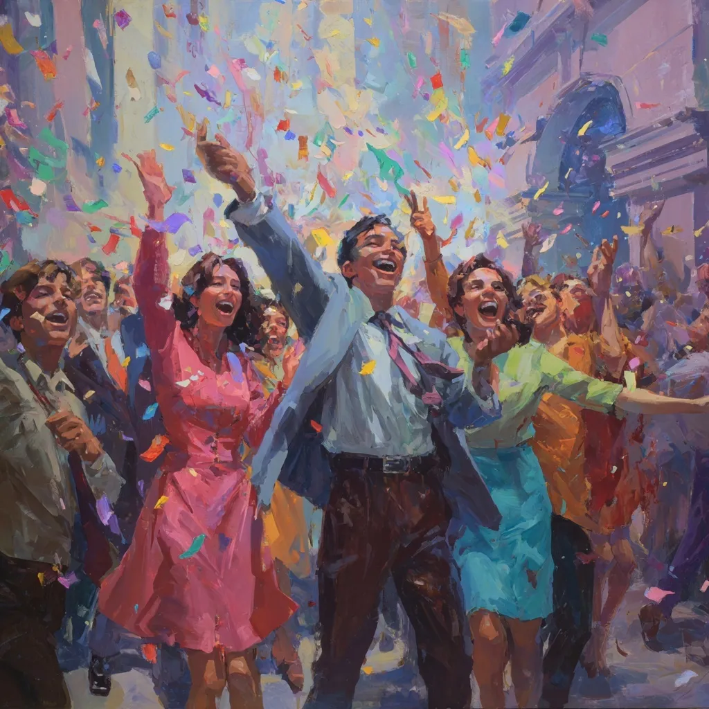 A joyful group of friends celebrating at a party with colorful confetti, drinks, and festive decorations.