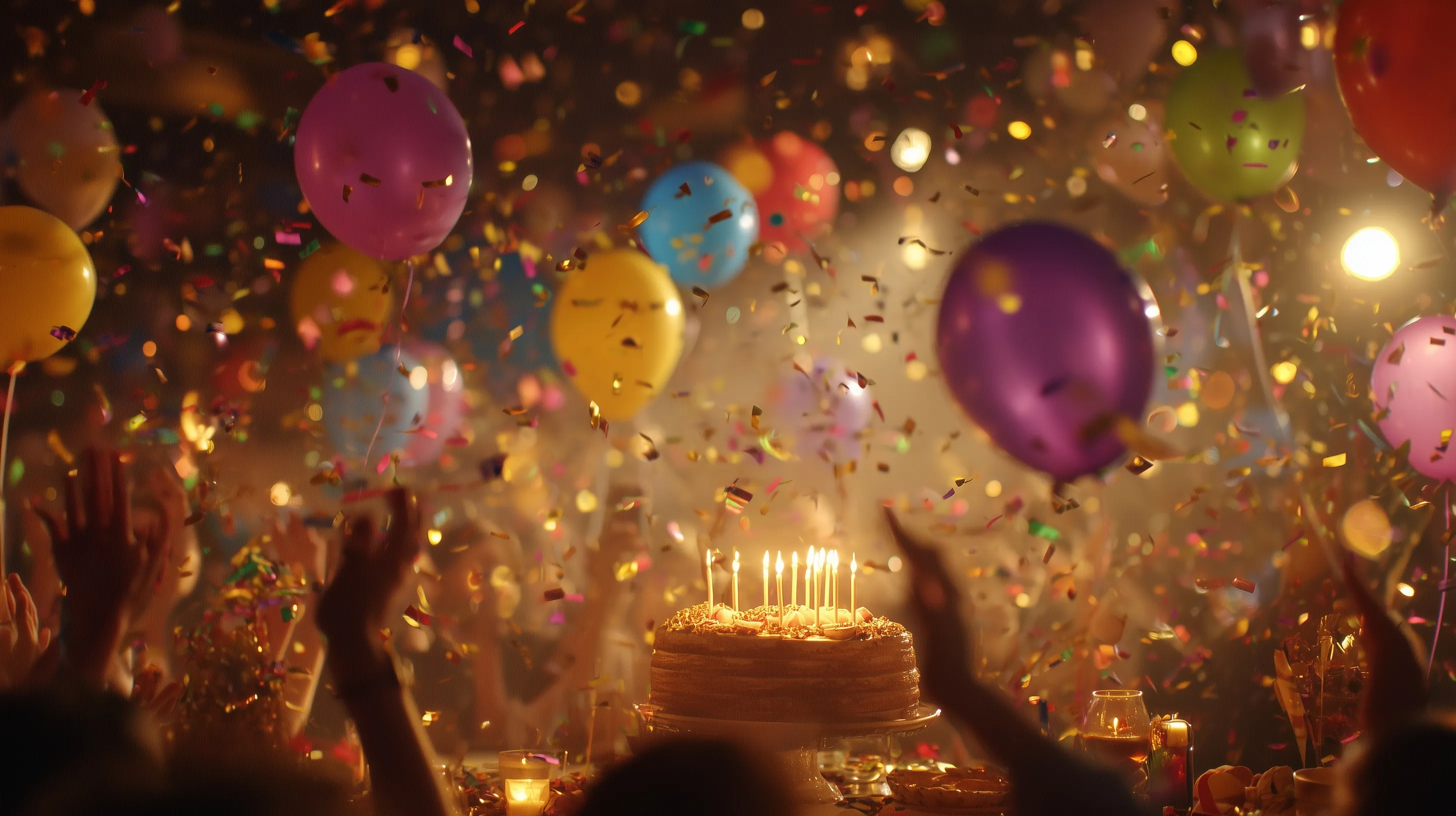A vibrant birthday party scene with colorful balloons, confetti, and a glowing cake under festive golden lights.