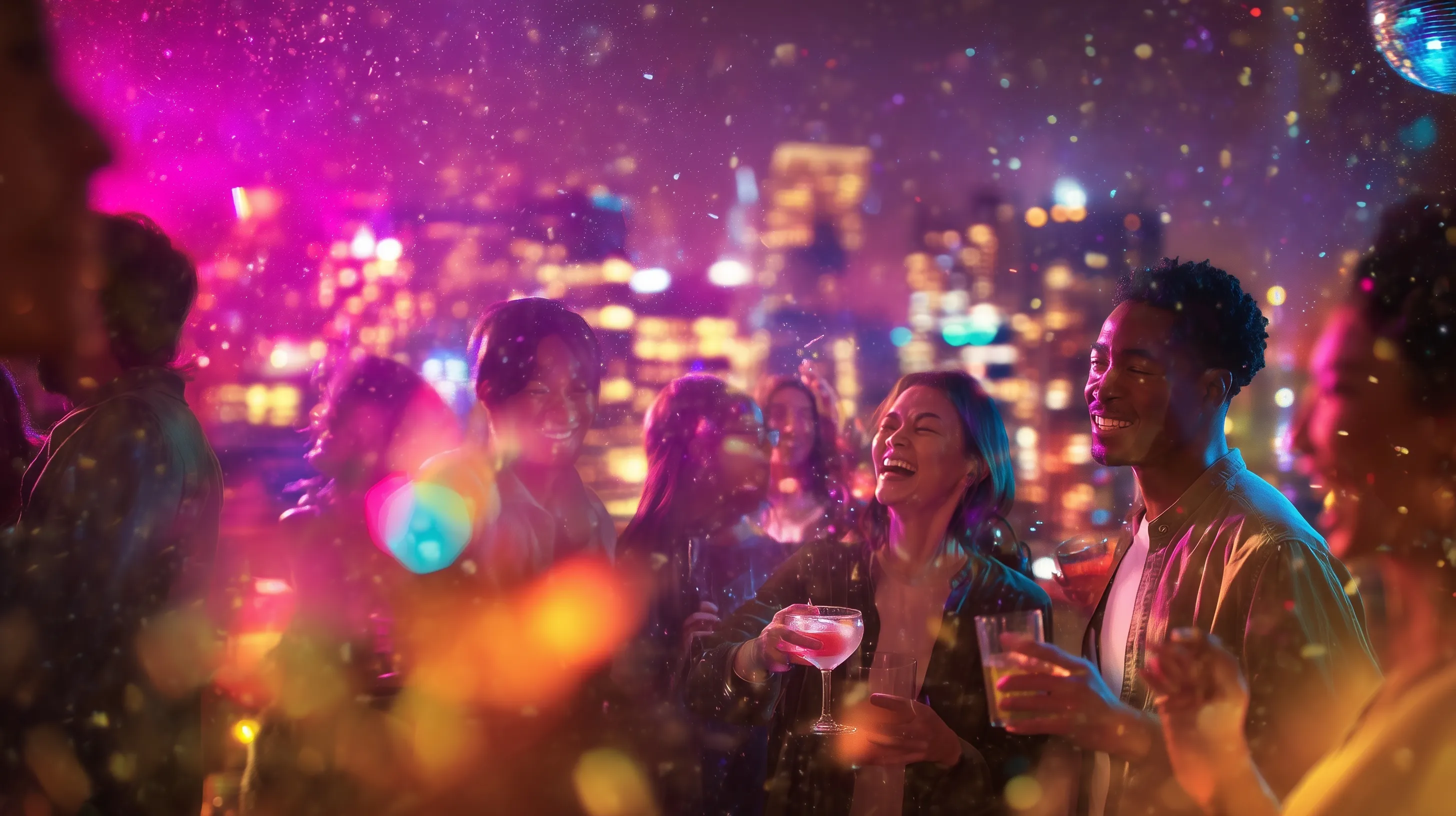 East Asian friends dancing at a neon-lit rooftop party with cocktails and a vibrant city skyline at night.