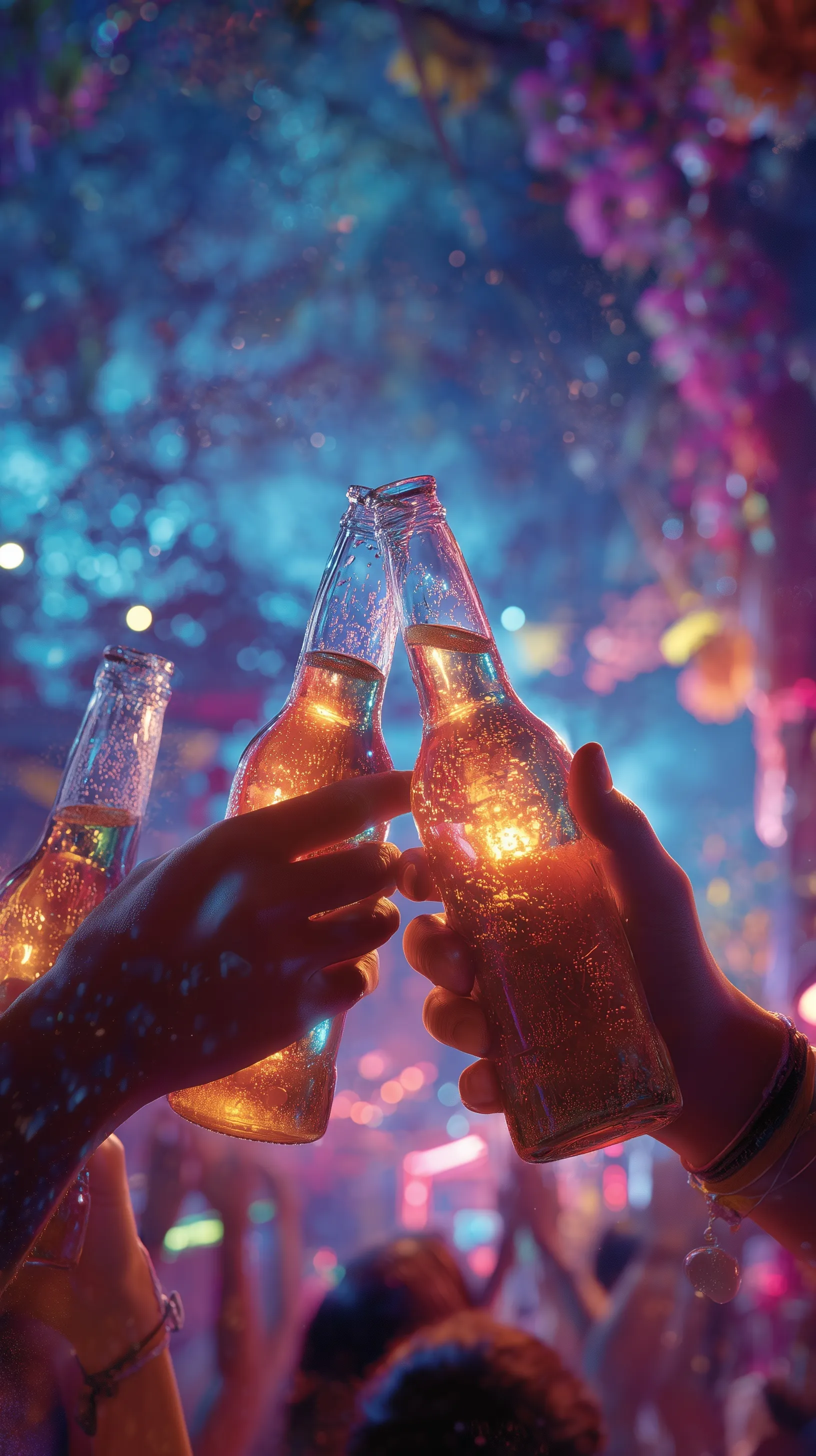 Close-up of hands cheering with glowing amber beer bottles at a vibrant music festival with festive bokeh lights.