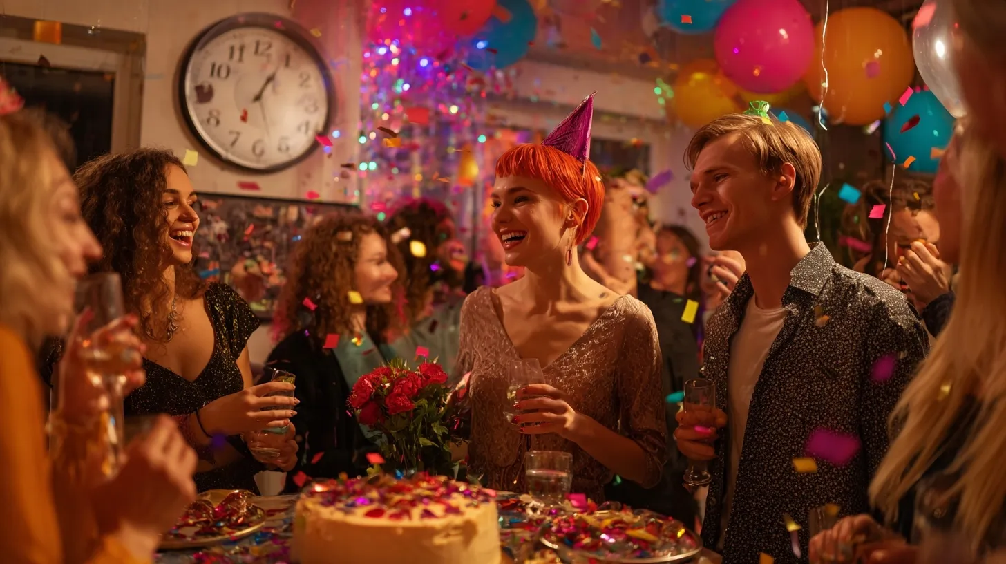 Caucasian group dancing at a festive 2025 party with confetti, balloons, and a man gifting flowers to a woman.