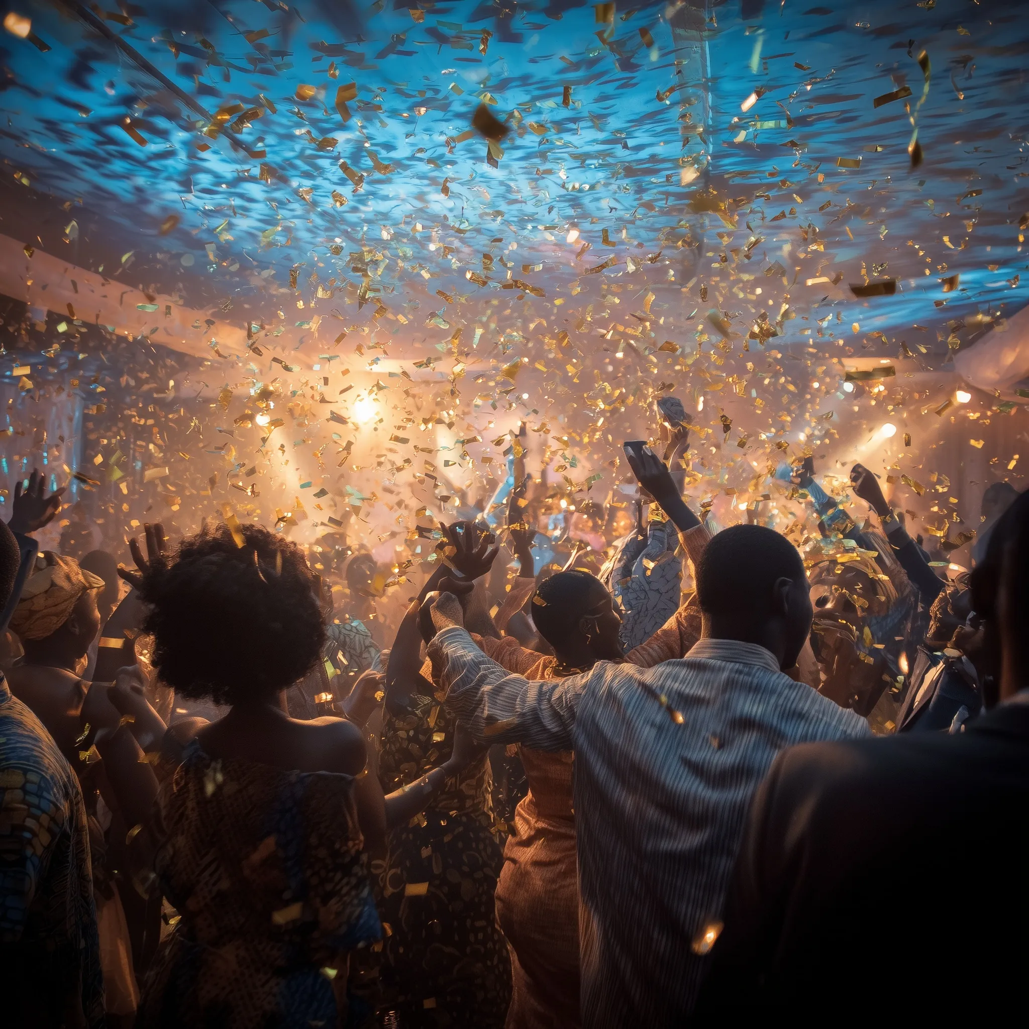 Chic Senegalese people celebrating at a glamorous evening party with confetti and dramatic lighting effects.