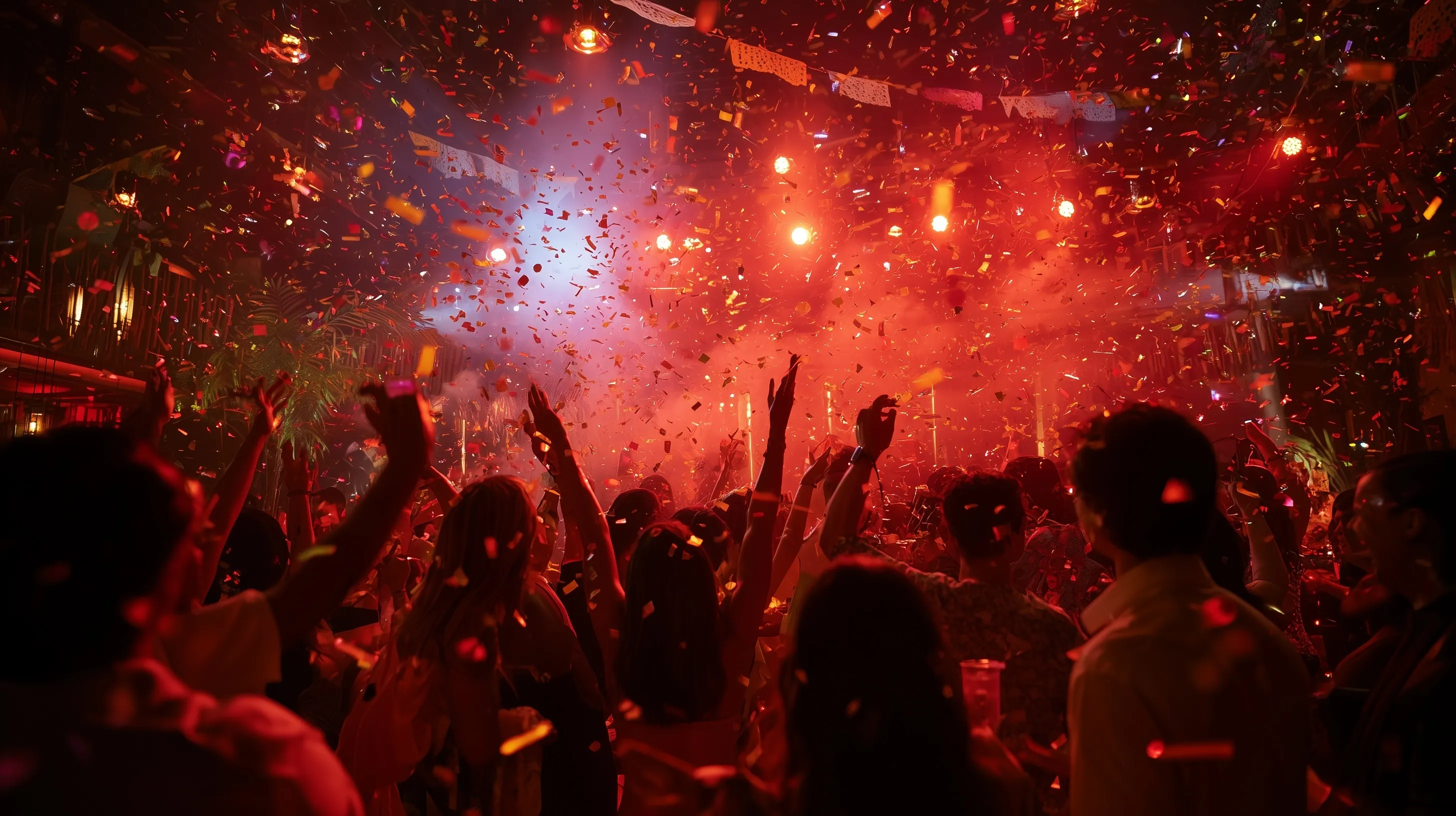 Crowd dancing at an open-air neon nightclub party with confetti, red lights, and festive atmosphere.