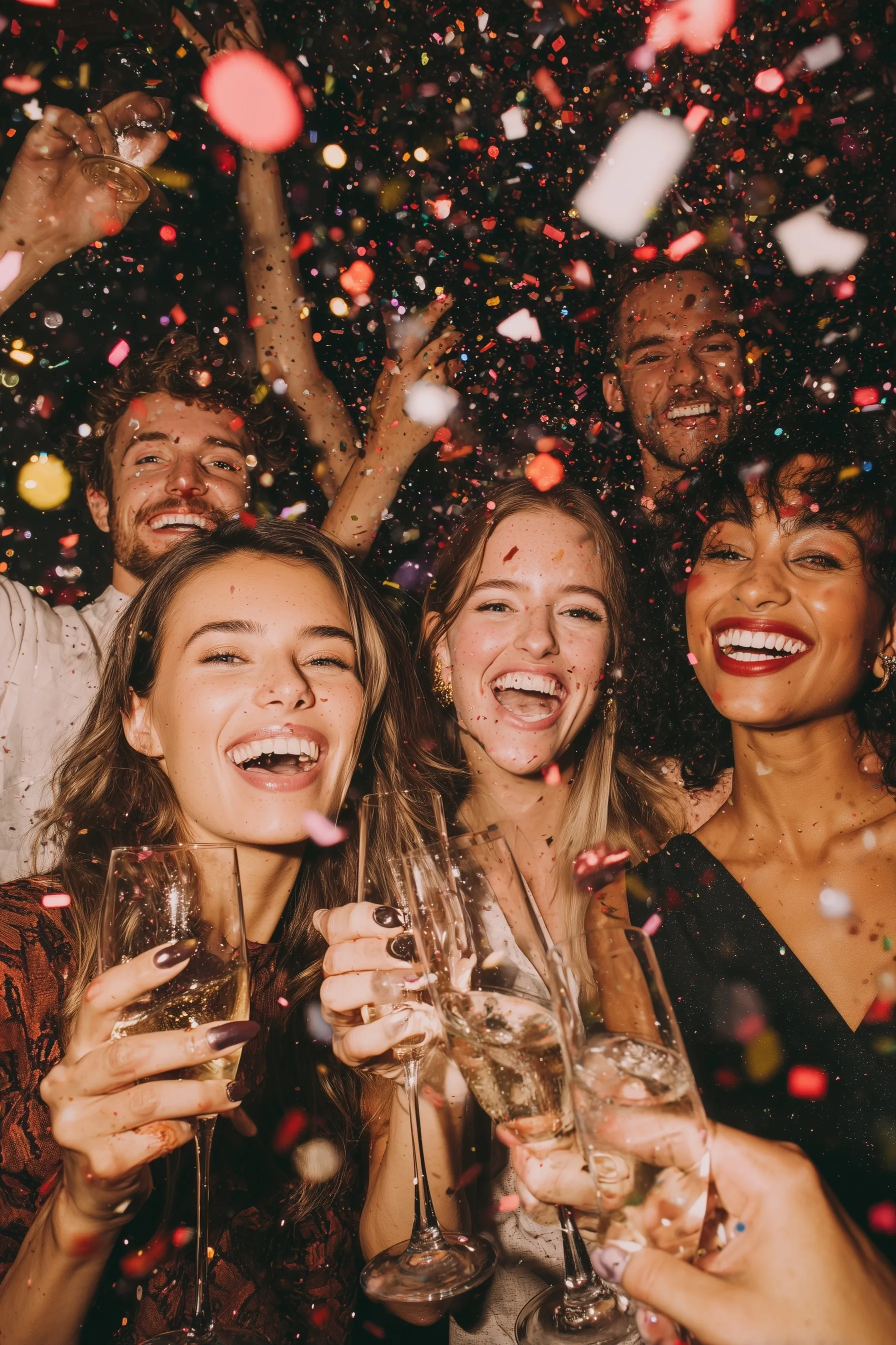 A diverse group of young adults laughing and toasting with champagne during a festive Christmas party with confetti.