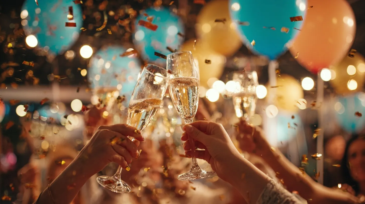 Close up of people toasting with champagne glasses at a New Year's Eve party with falling confetti.