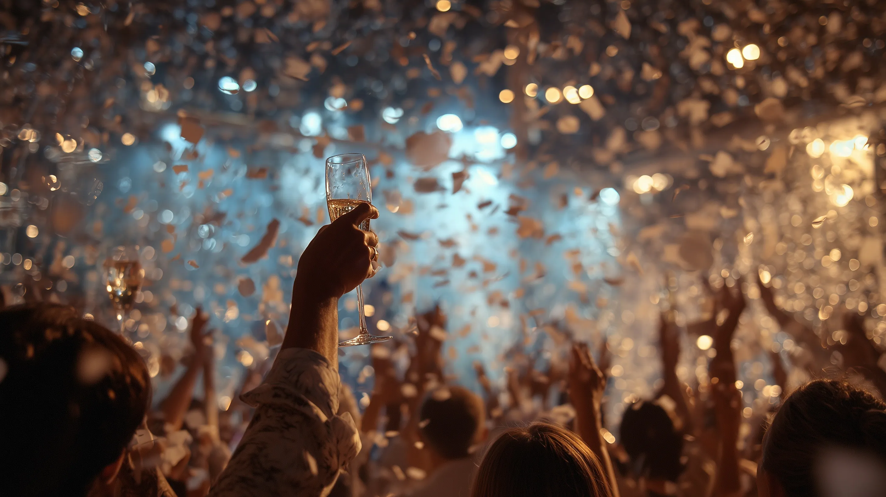Luxury party scene with joyful people applauding, falling confetti, and raised champagne glasses, cinematic lighting.