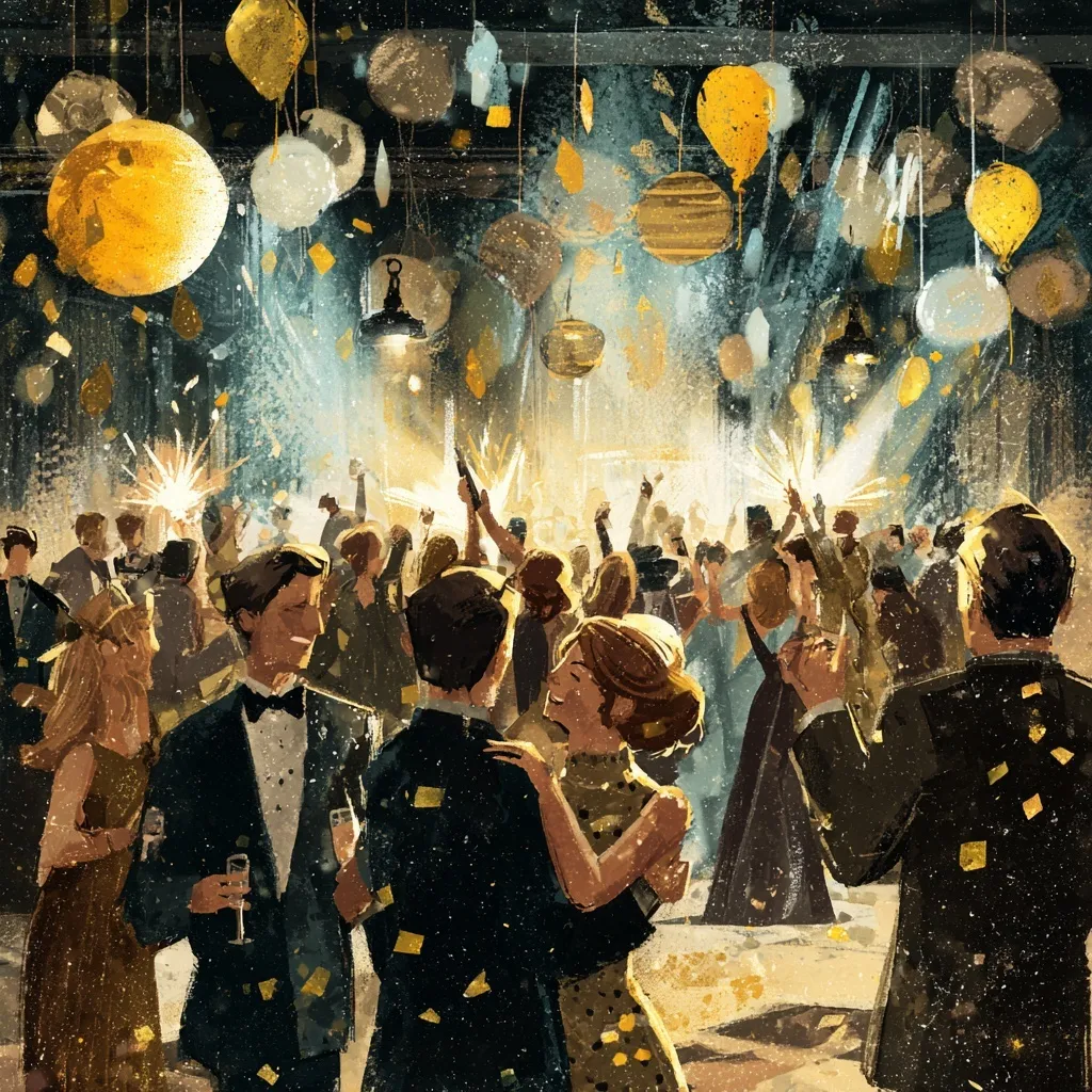 A festive New Year's Eve party with golden confetti, sparkling decorations, and celebratory cheers.