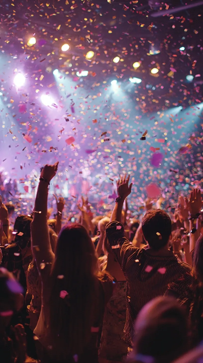 Crowd of people with raised hands dancing under falling confetti on a vibrant nightclub dance floor.