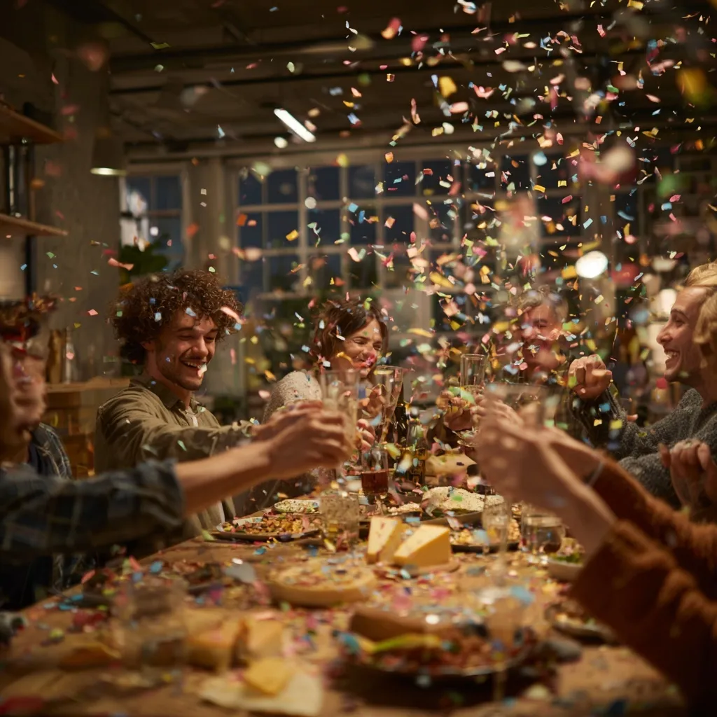Diverse group of friends celebrating with confetti, raclette, and drinks in a cozy modern apartment.