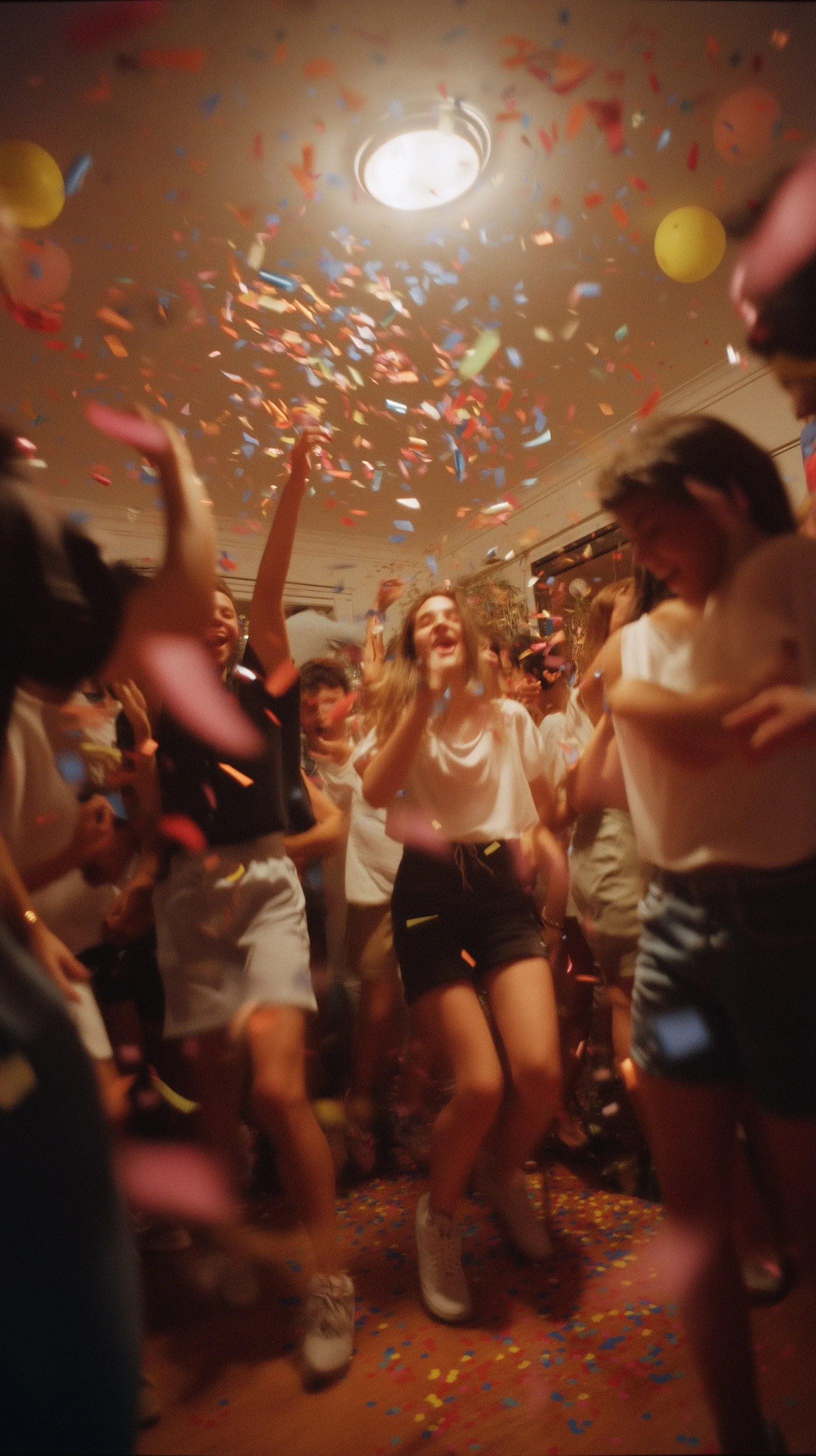 Diverse group of young people dancing at a NYC apartment birthday party with confetti, streamers, and flash photography.