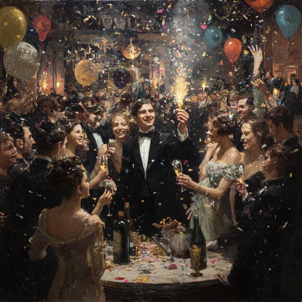 A group of happy people celebrating together with colorful confetti at a festive party event.